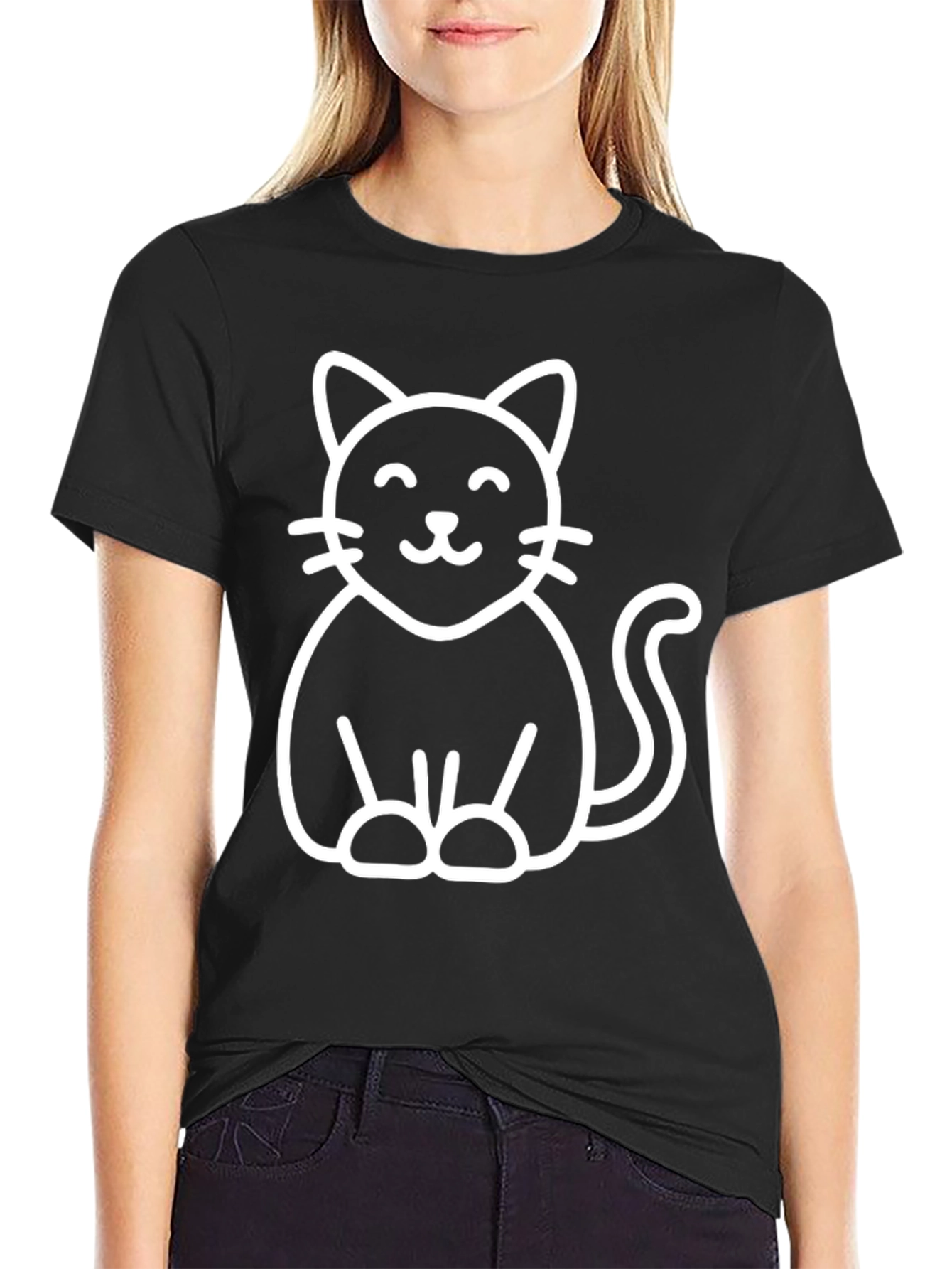 Cute Cat Graphic Tee - Black Cotton Blend