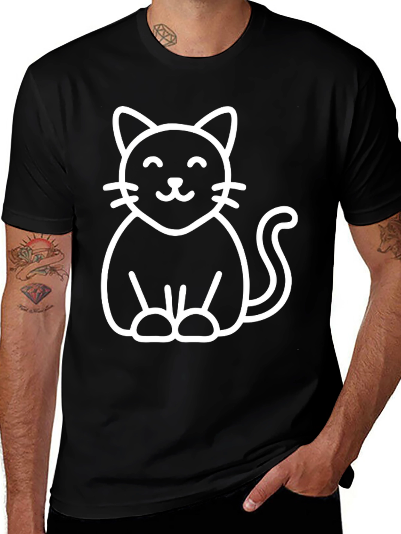 Cute Cat Graphic Tee - Black Cotton Blend