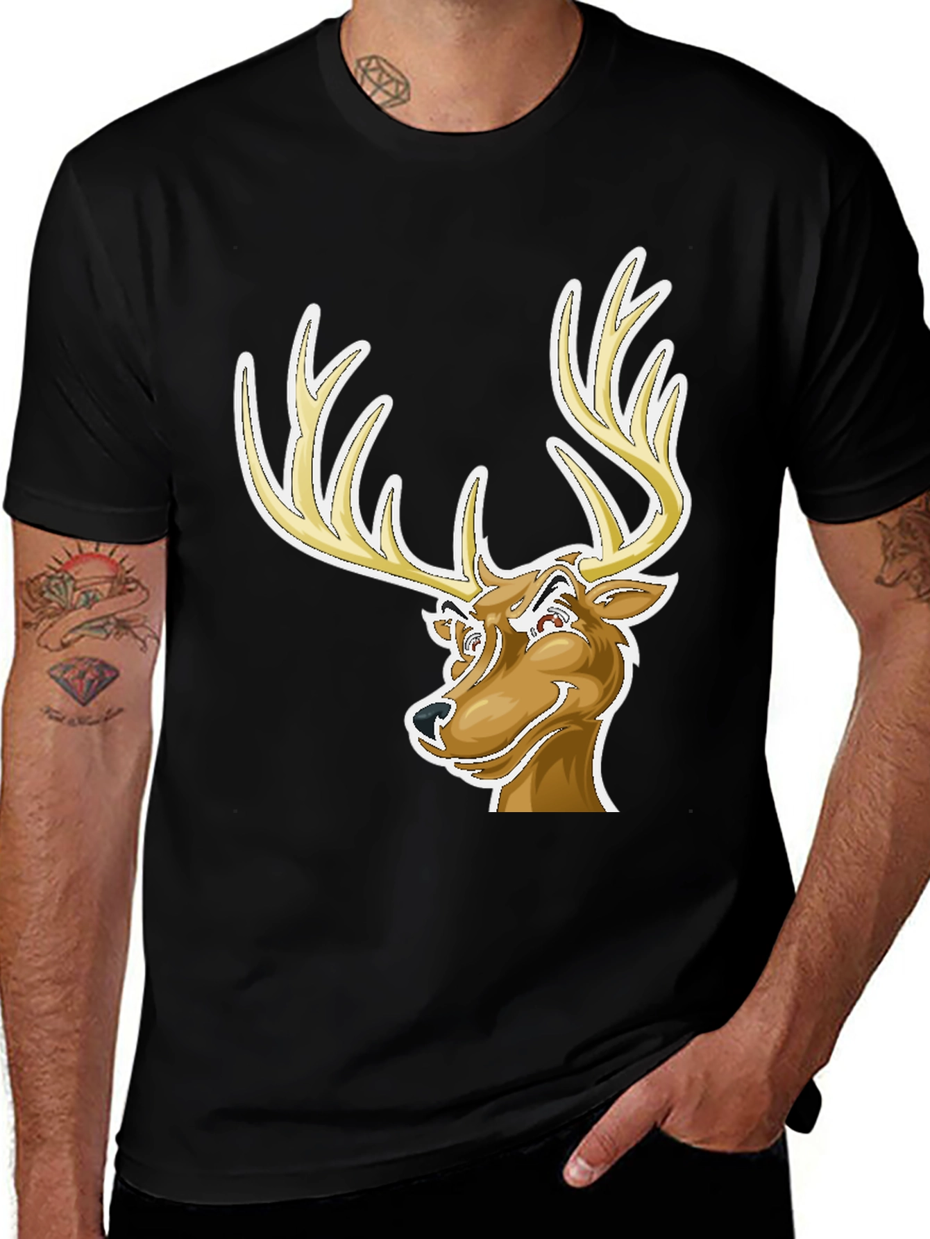 Cool Deer Cartoon Graphic Black T-Shirt