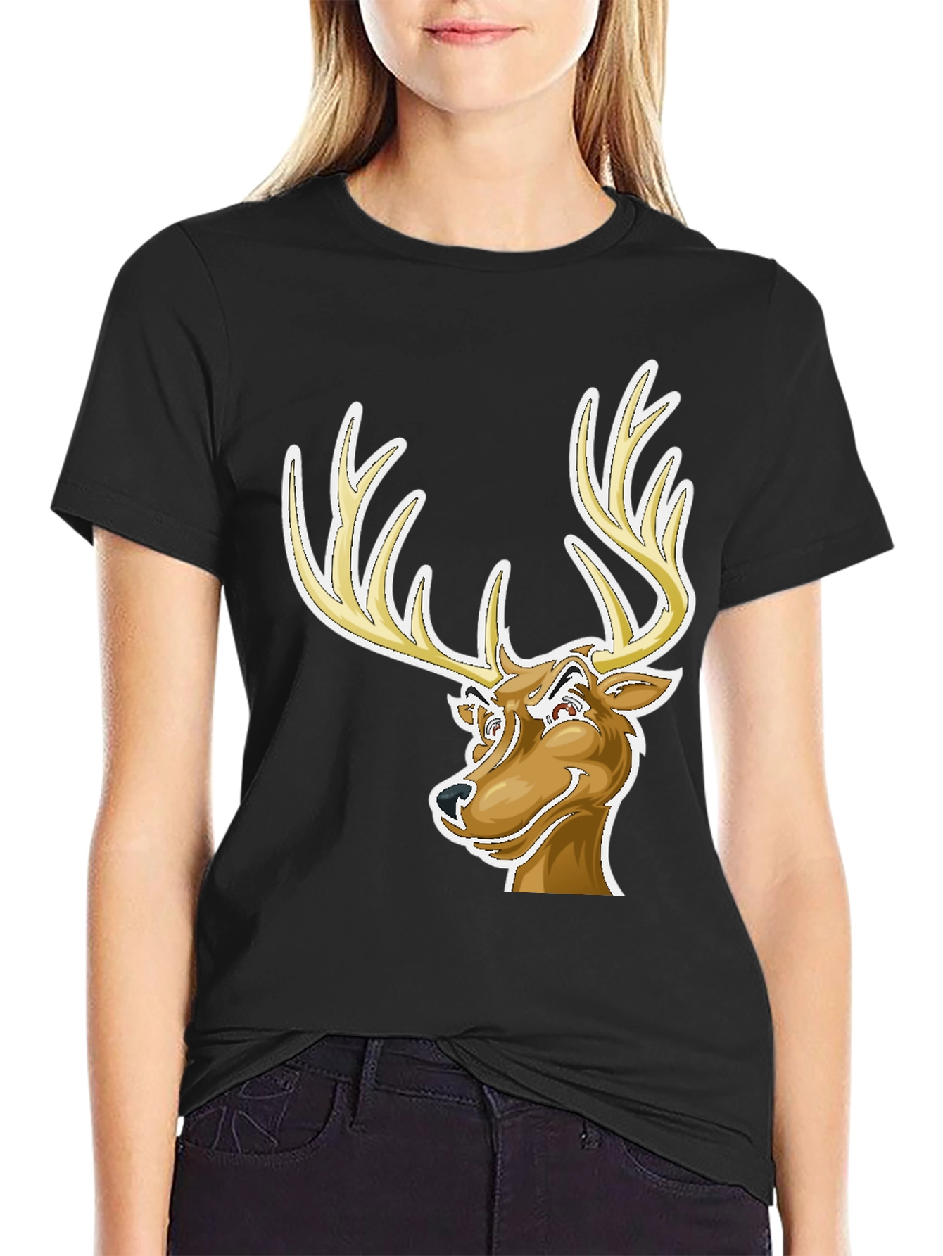 Cool Deer Cartoon Graphic Black T-Shirt