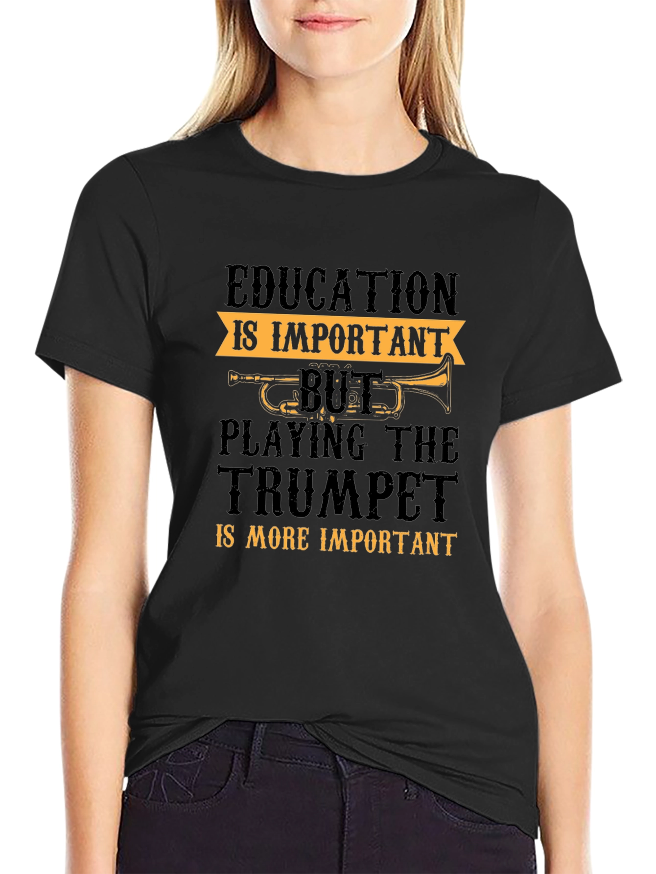 Trumpet Player Graphic Tee: Education vs. Music