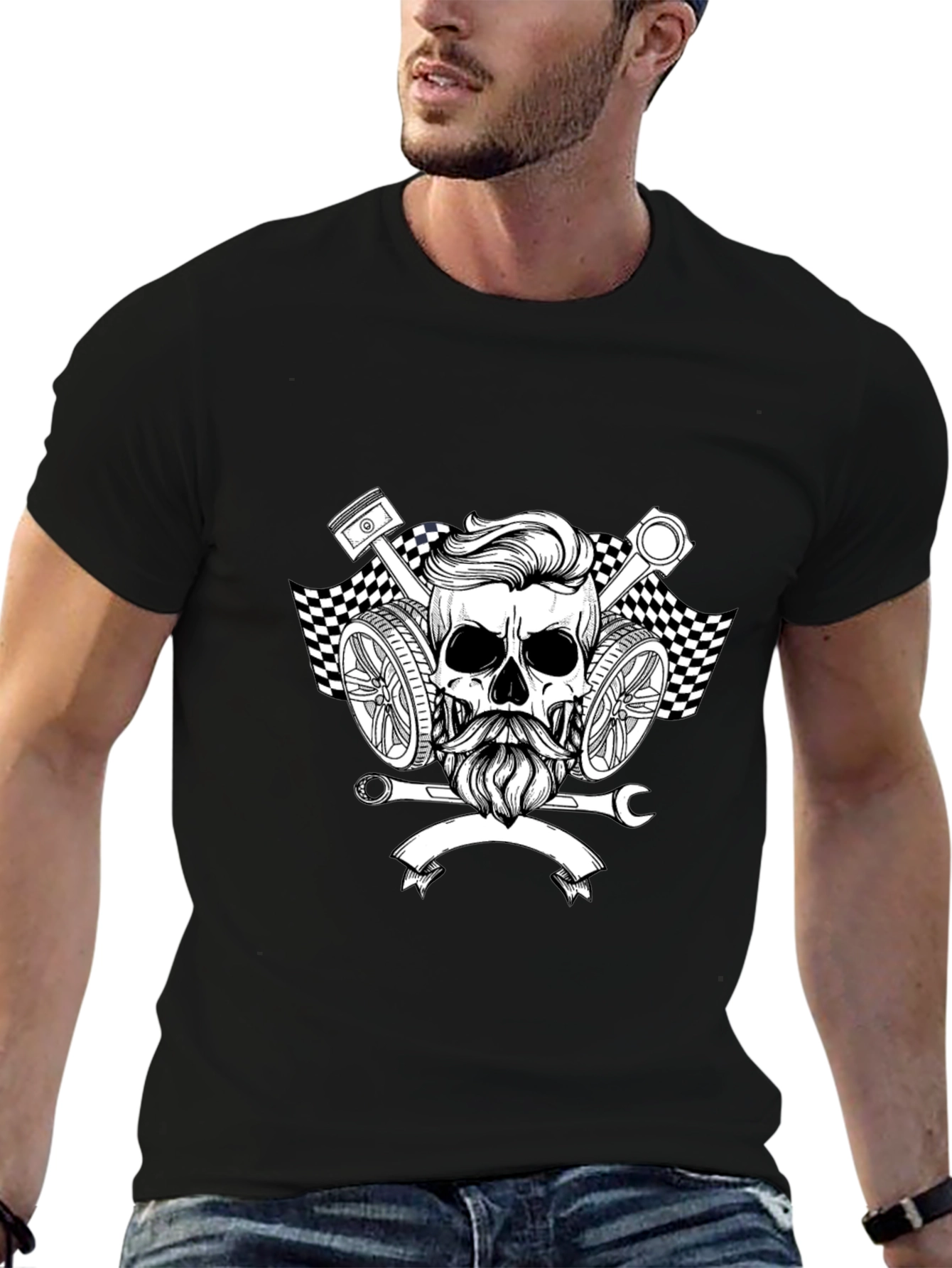 Skull & Pistons Graphic Tee - Mechanic Style