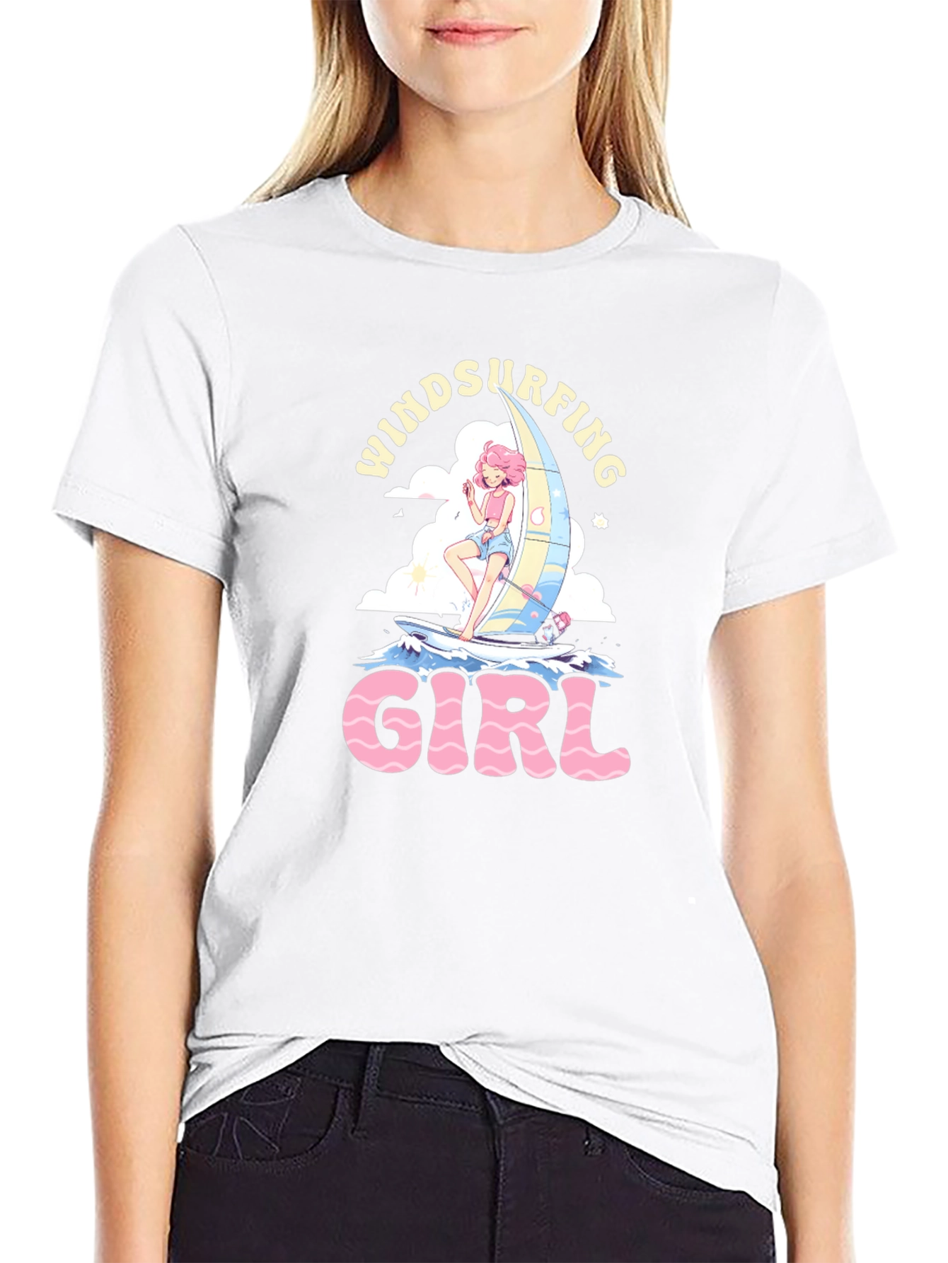Windsurfing Girl Black Graphic T-Shirt