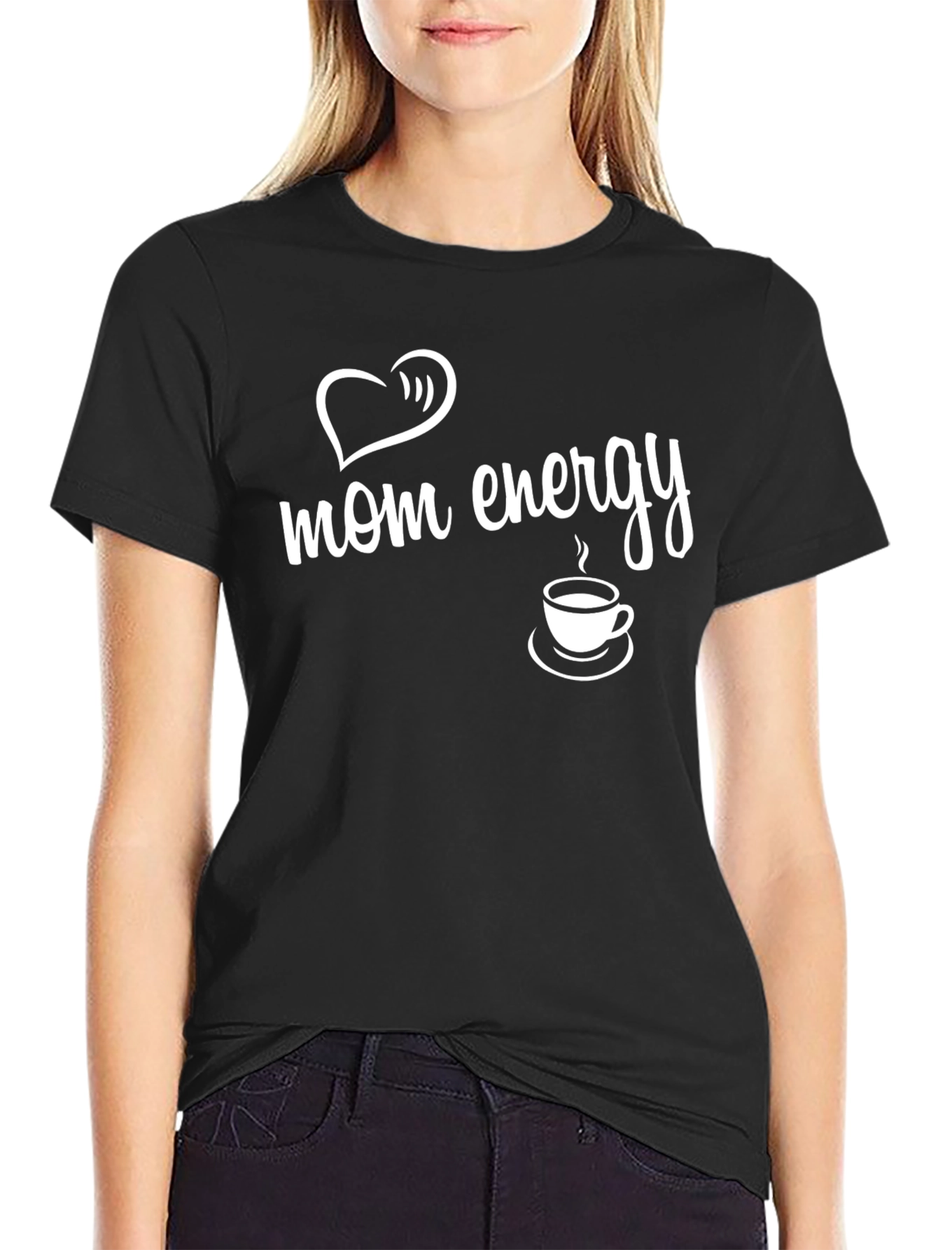 Mom Energy Black T-Shirt with Heart & Coffee Graphic