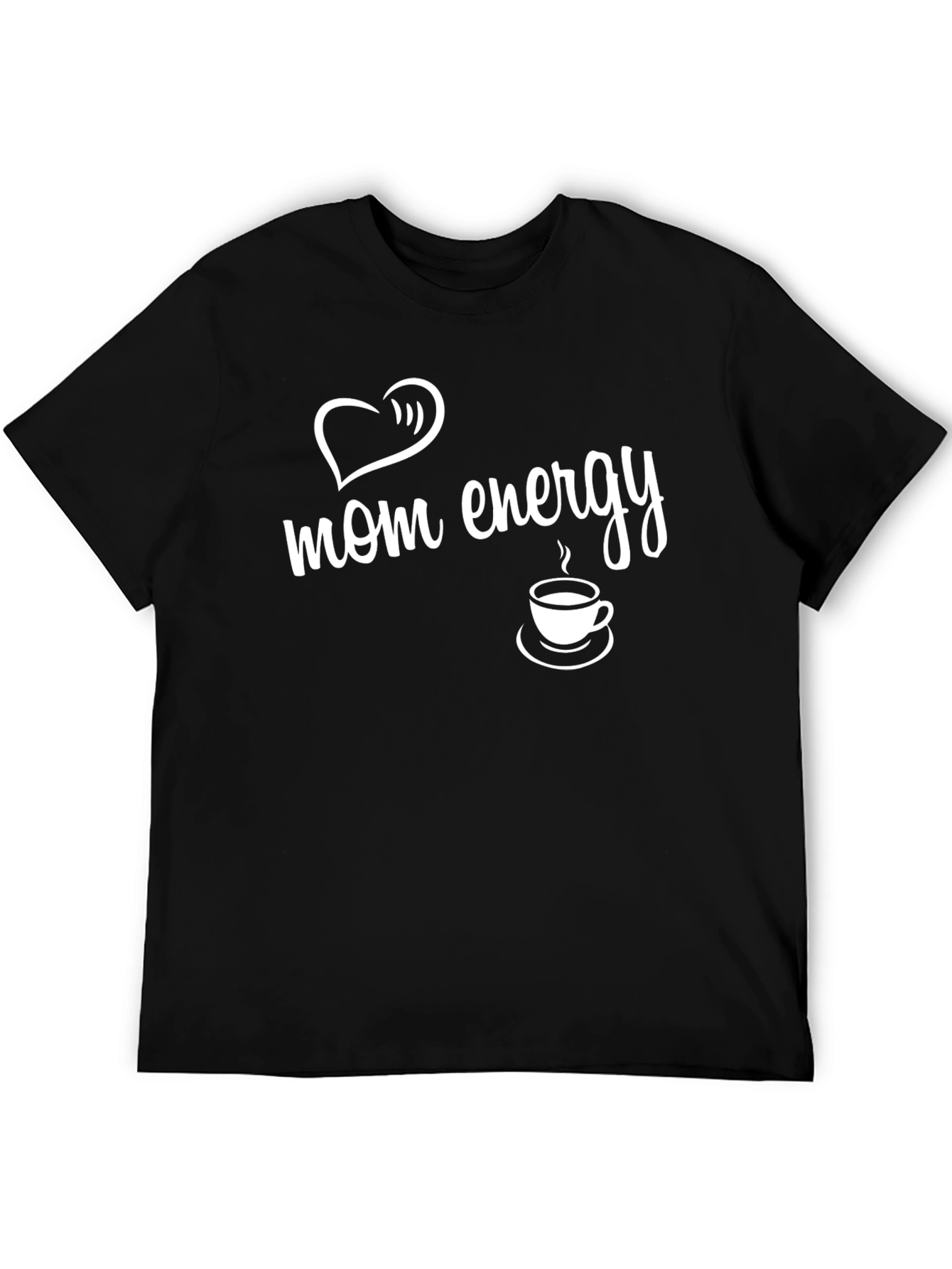 Mom Energy Black T-Shirt with Heart & Coffee Graphic