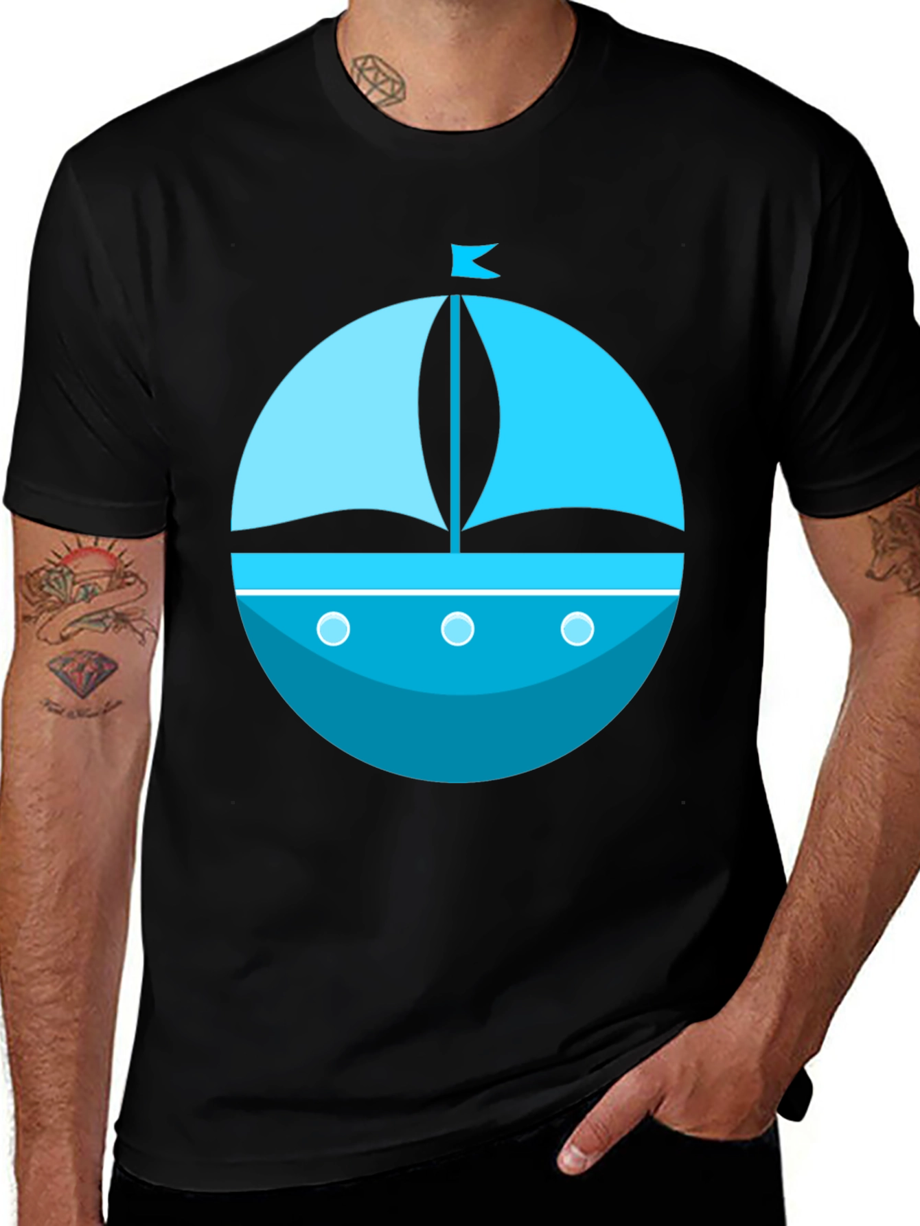 Nautical Blue Boat Graphic Tee - Mens Black T-Shirt