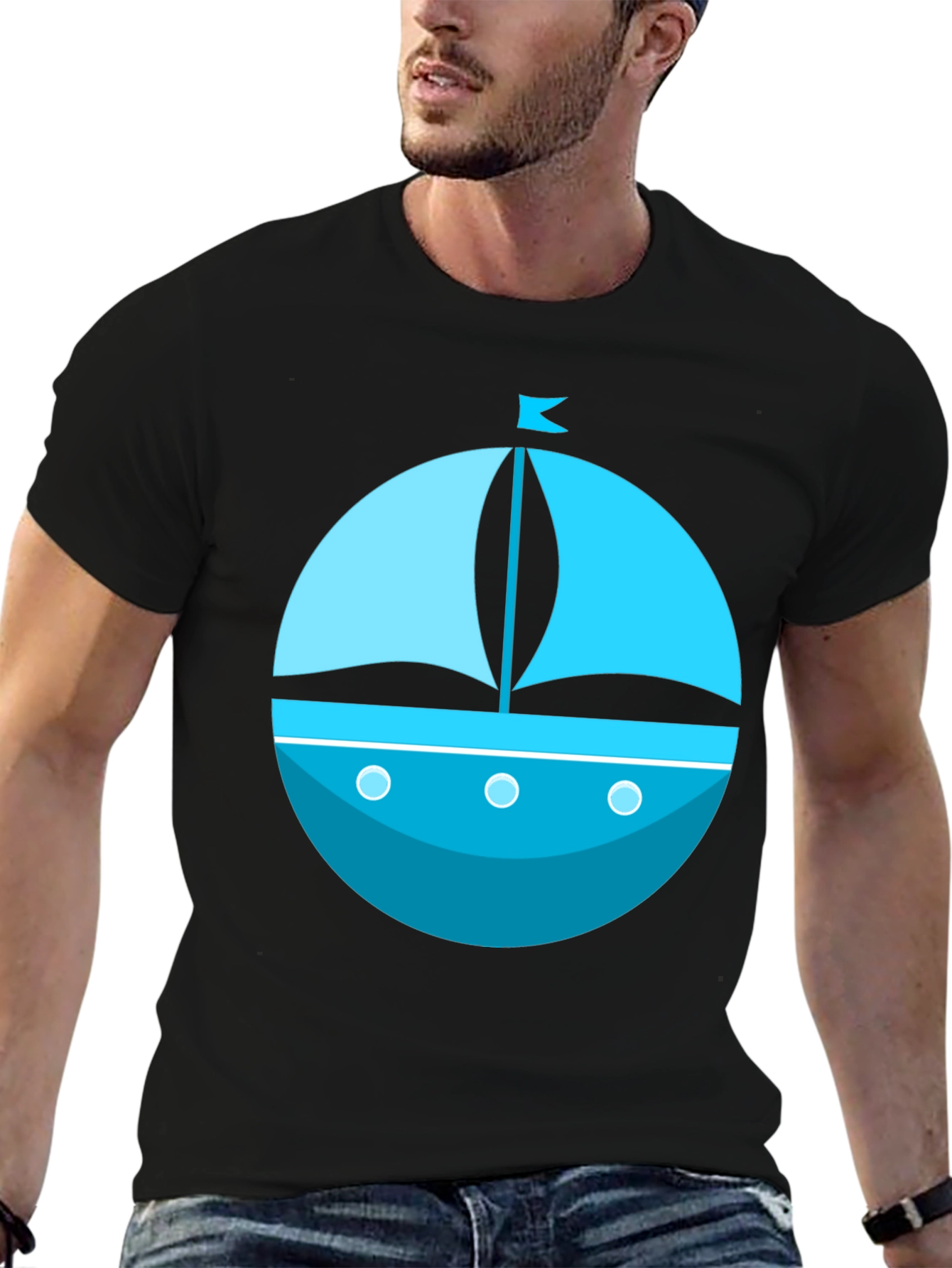 Nautical Blue Boat Graphic Tee - Mens Black T-Shirt