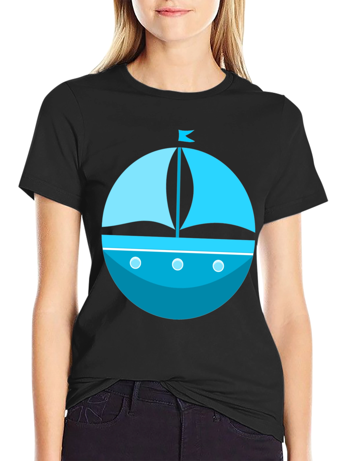 Nautical Blue Boat Graphic Tee - Mens Black T-Shirt