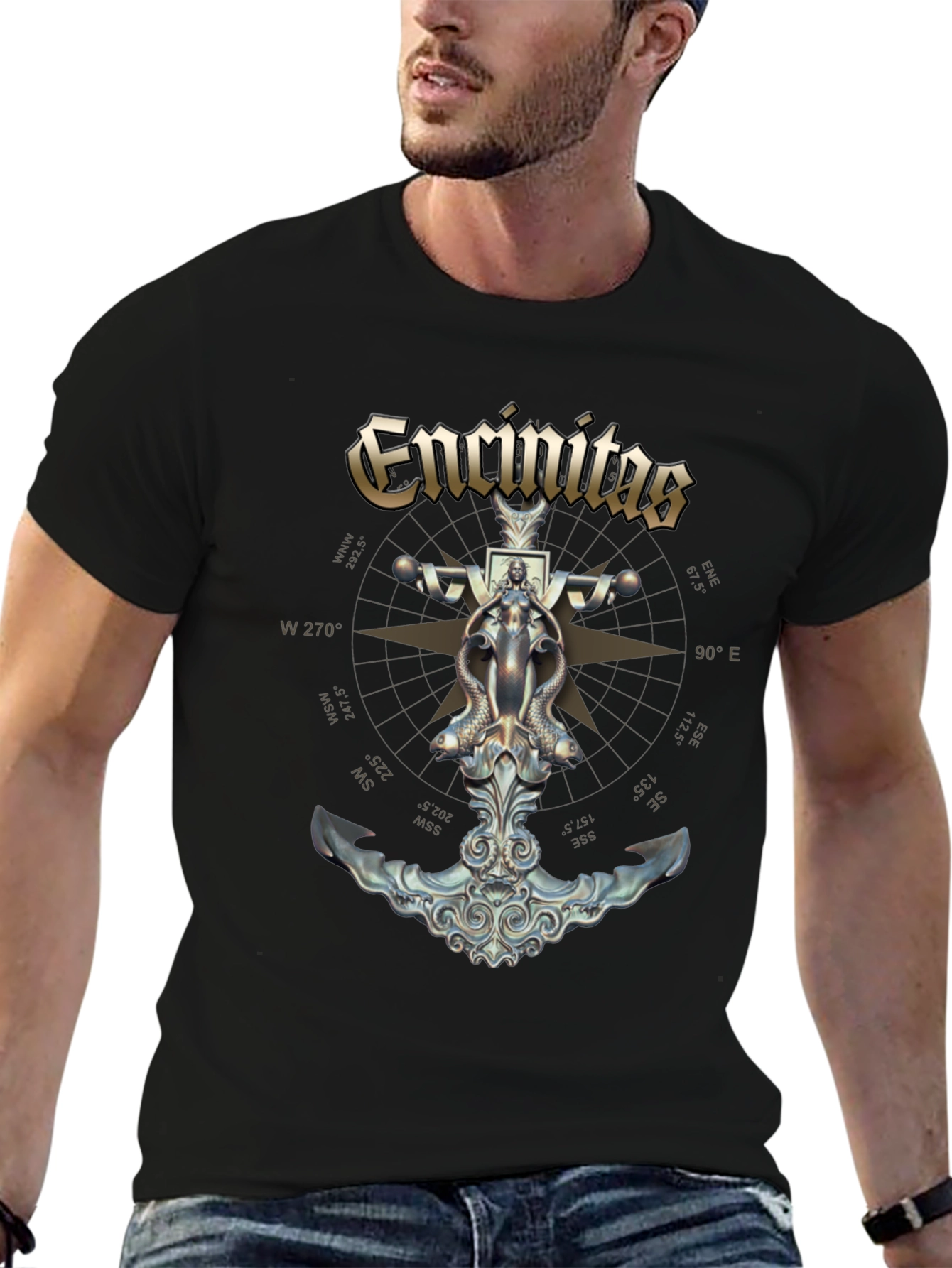 Encinitas Nautical Anchor Compass Black T-Shirt