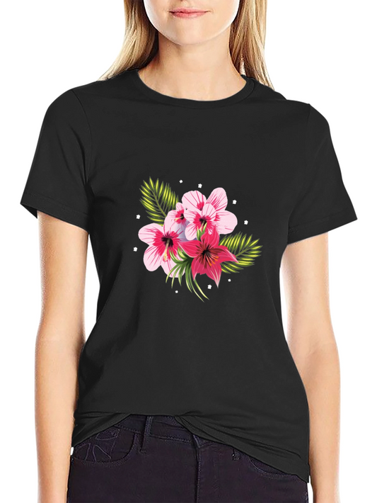 Floral Print Black T-Shirt - Tropical Hibiscus Design