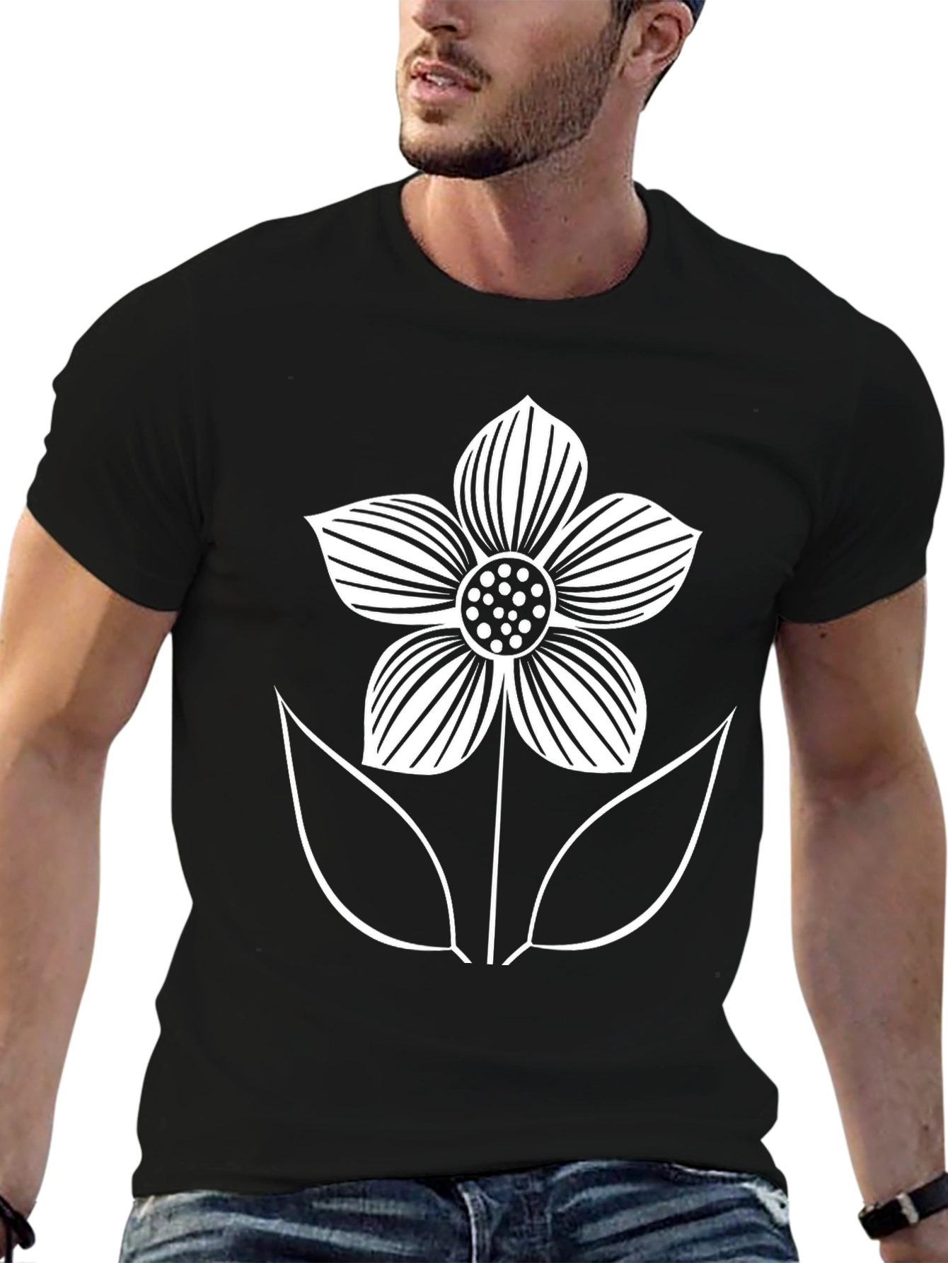 Black T-Shirt with White Flower Graphic