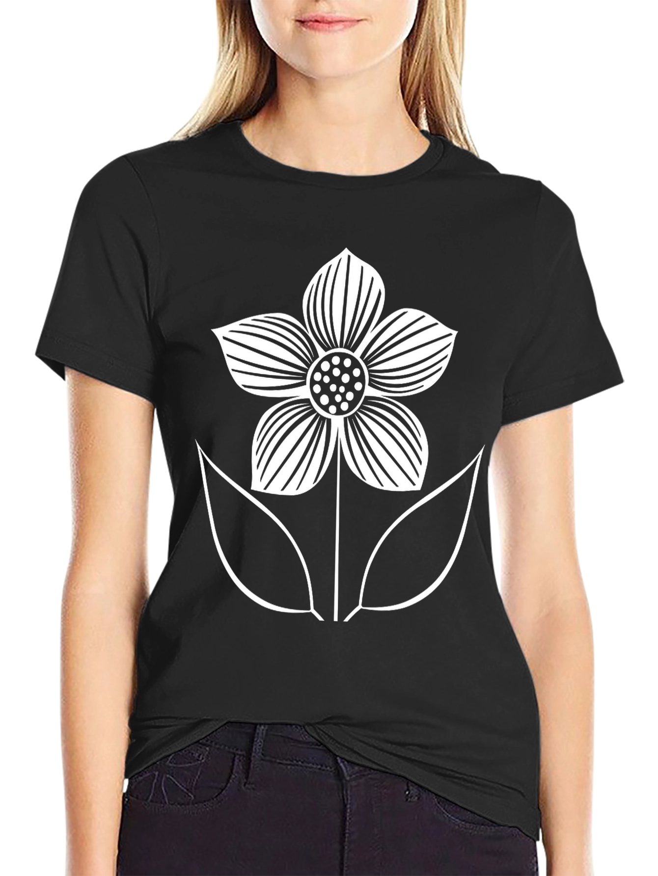 Black T-Shirt with White Flower Graphic