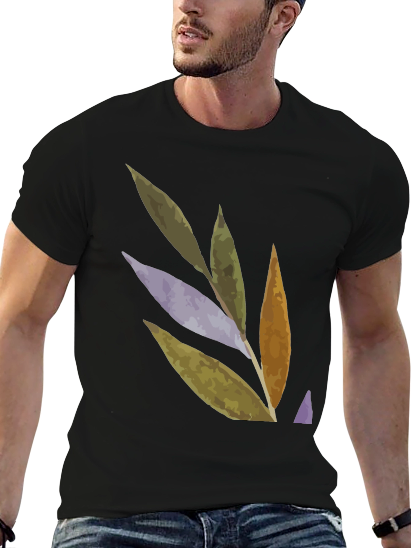 Abstract Leaf Design Black T-Shirt