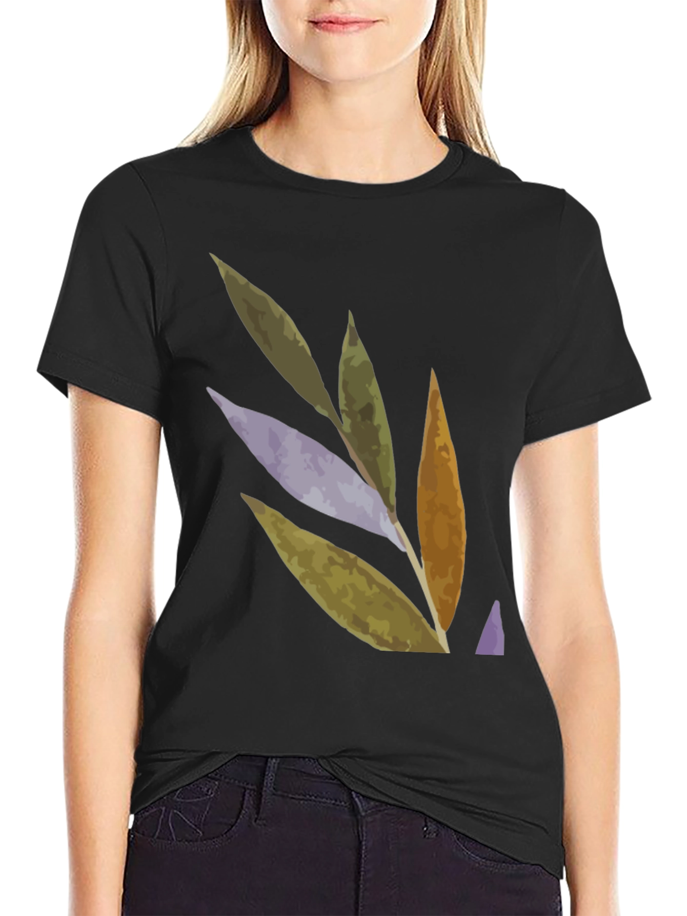 Abstract Leaf Design Black T-Shirt