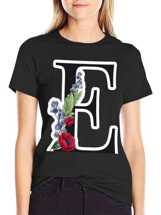 Floral Letter E Black T-Shirt