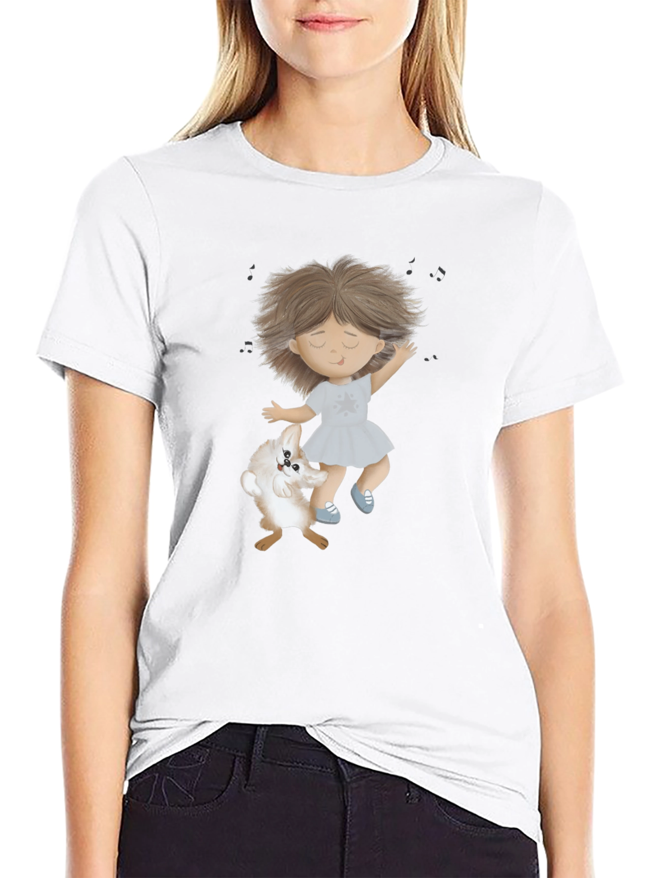 Dancing Girl and Dog Black T-Shirt