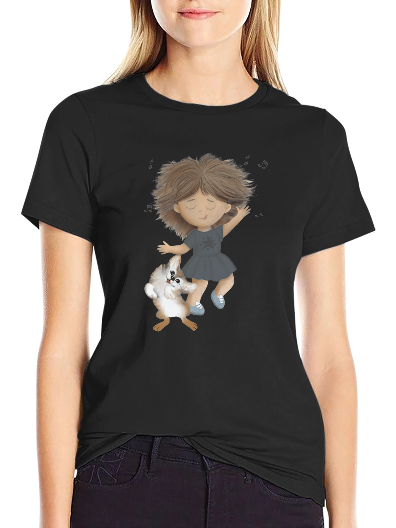 Dancing Girl and Dog Black T-Shirt