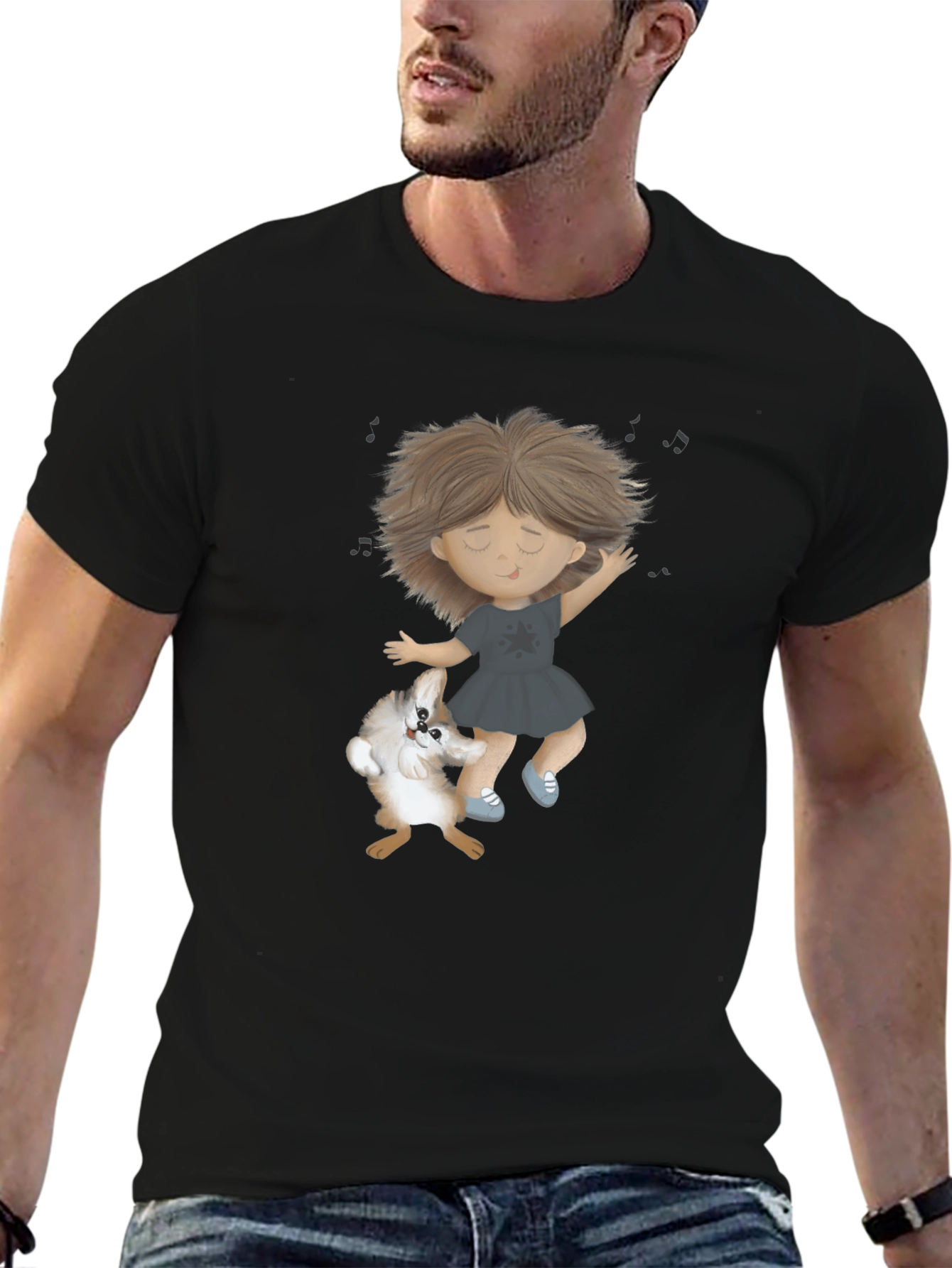 Dancing Girl and Dog Black T-Shirt