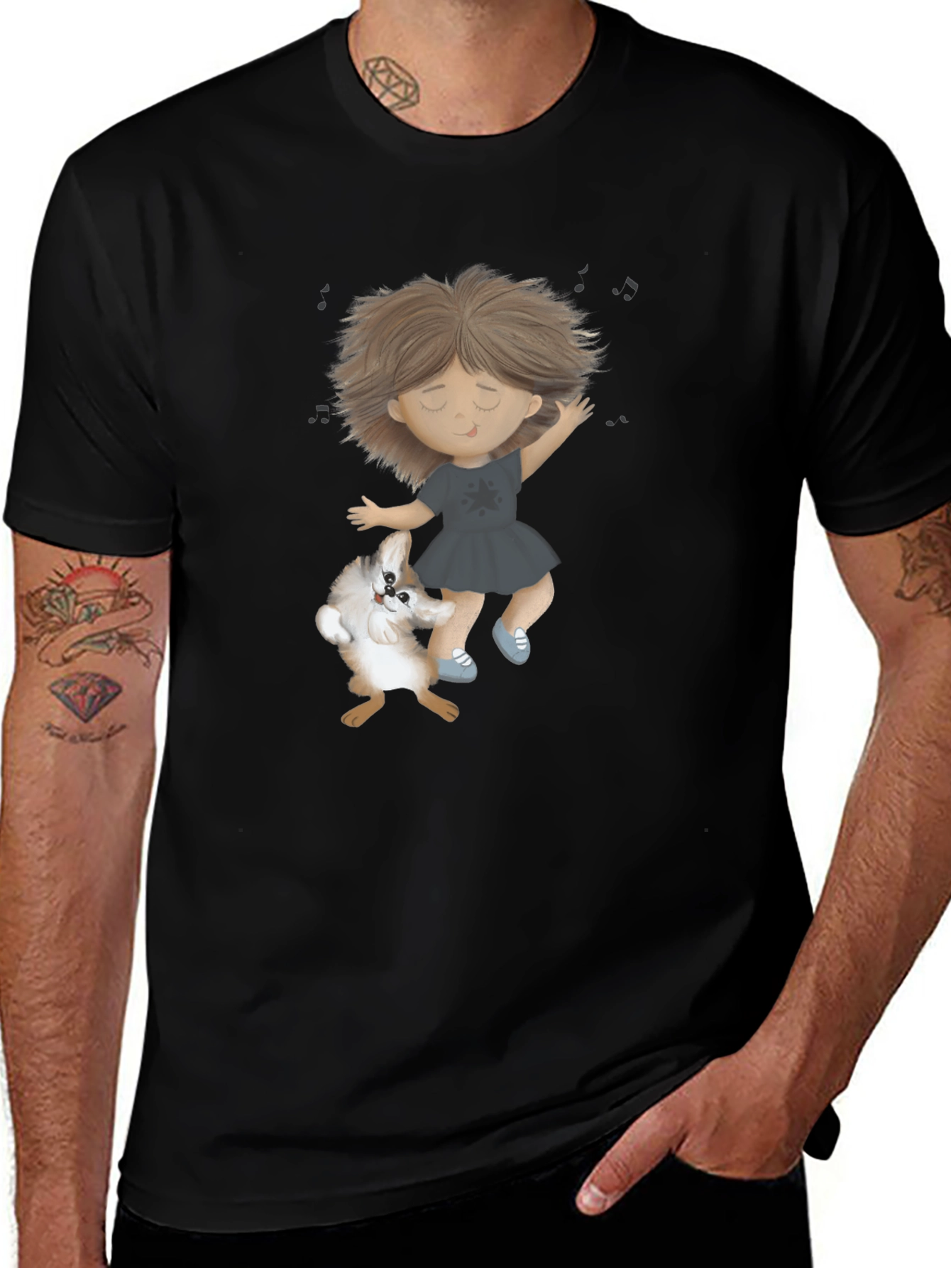 Dancing Girl and Dog Black T-Shirt