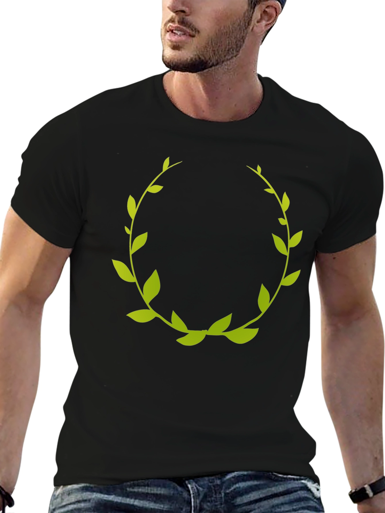Green Laurel Wreath Graphic Tee - Black Cotton T-Shirt