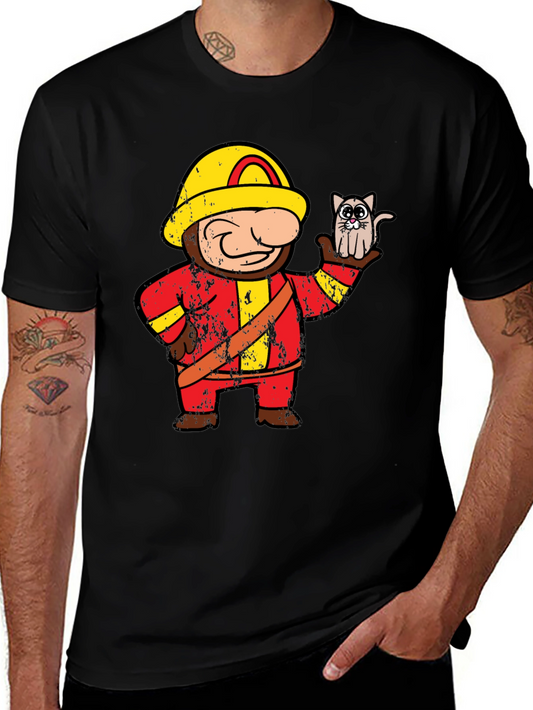 Funny Fireman & Cat Graphic Black T-Shirt