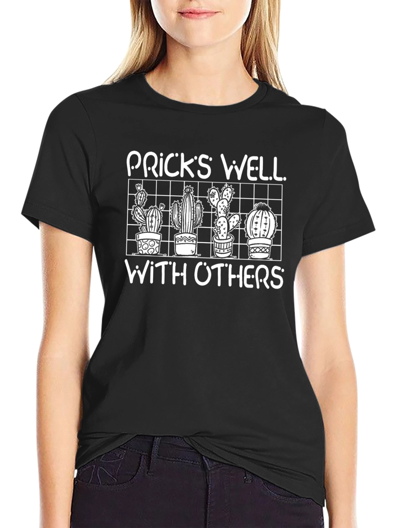 Pricks Well With Others Cactus Humor Graphic Tee