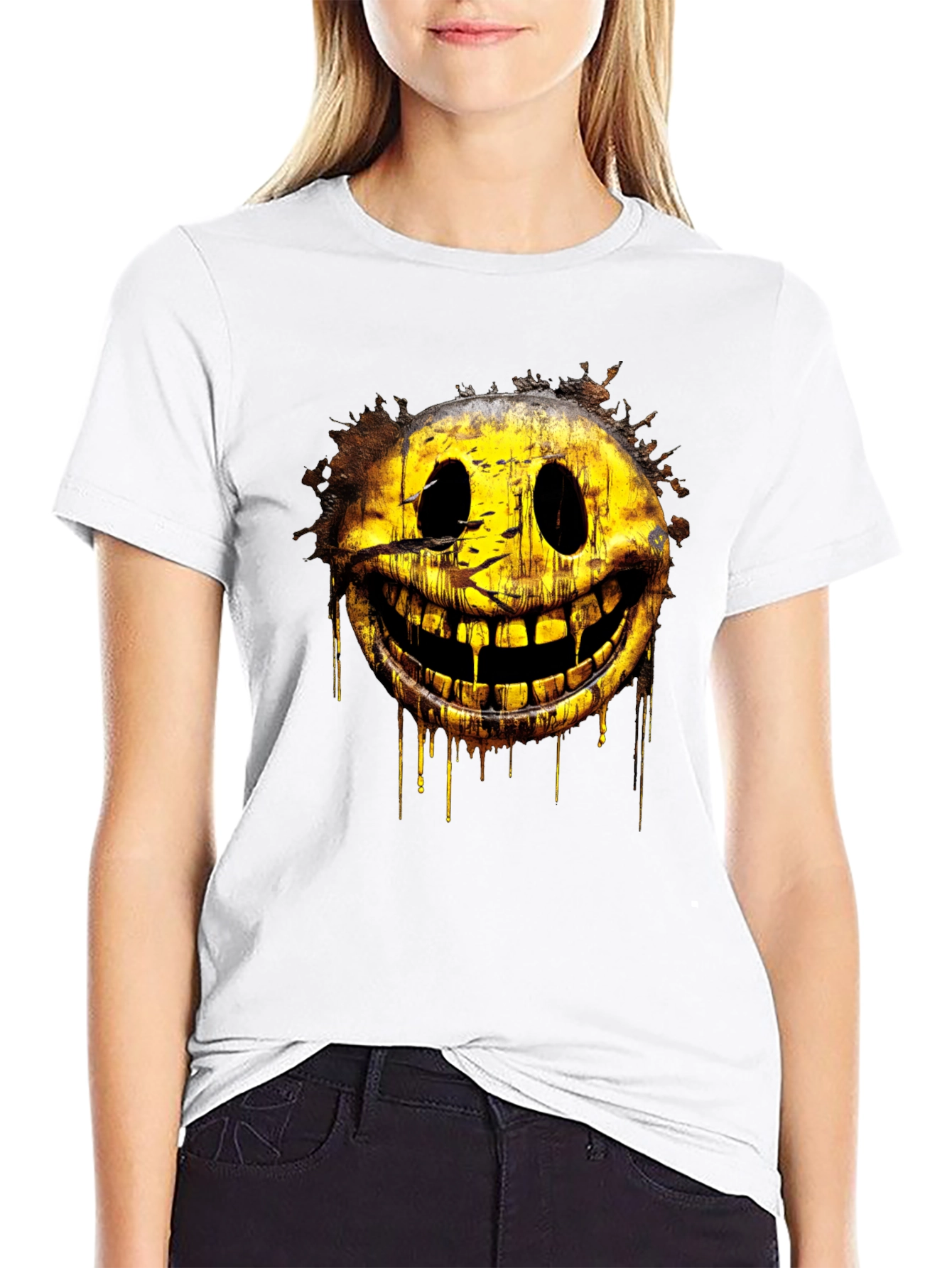 Creepy Smiley Face Graphic Tee - Black Cotton Shirt