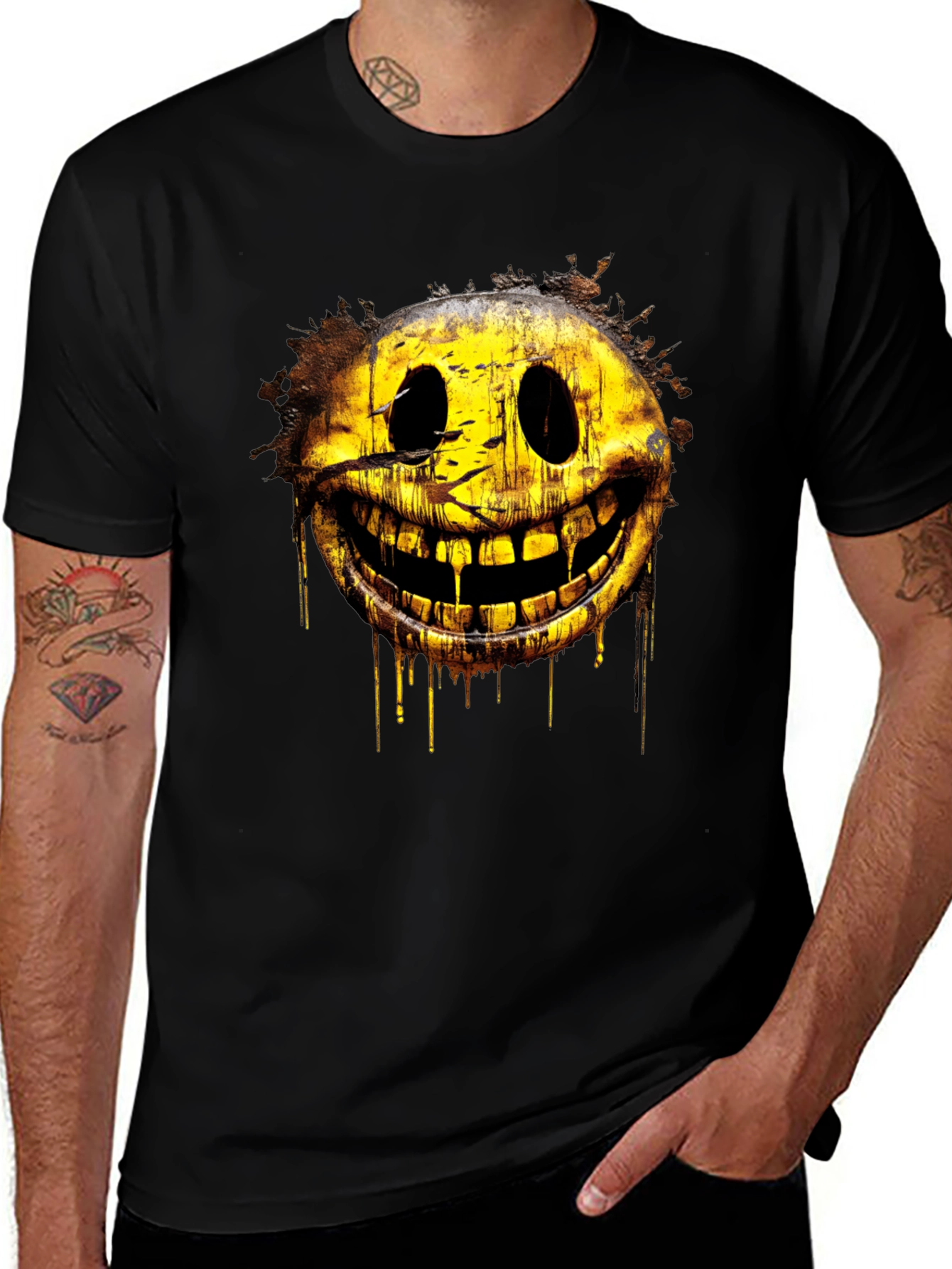 Creepy Smiley Face Graphic Tee - Black Cotton Shirt