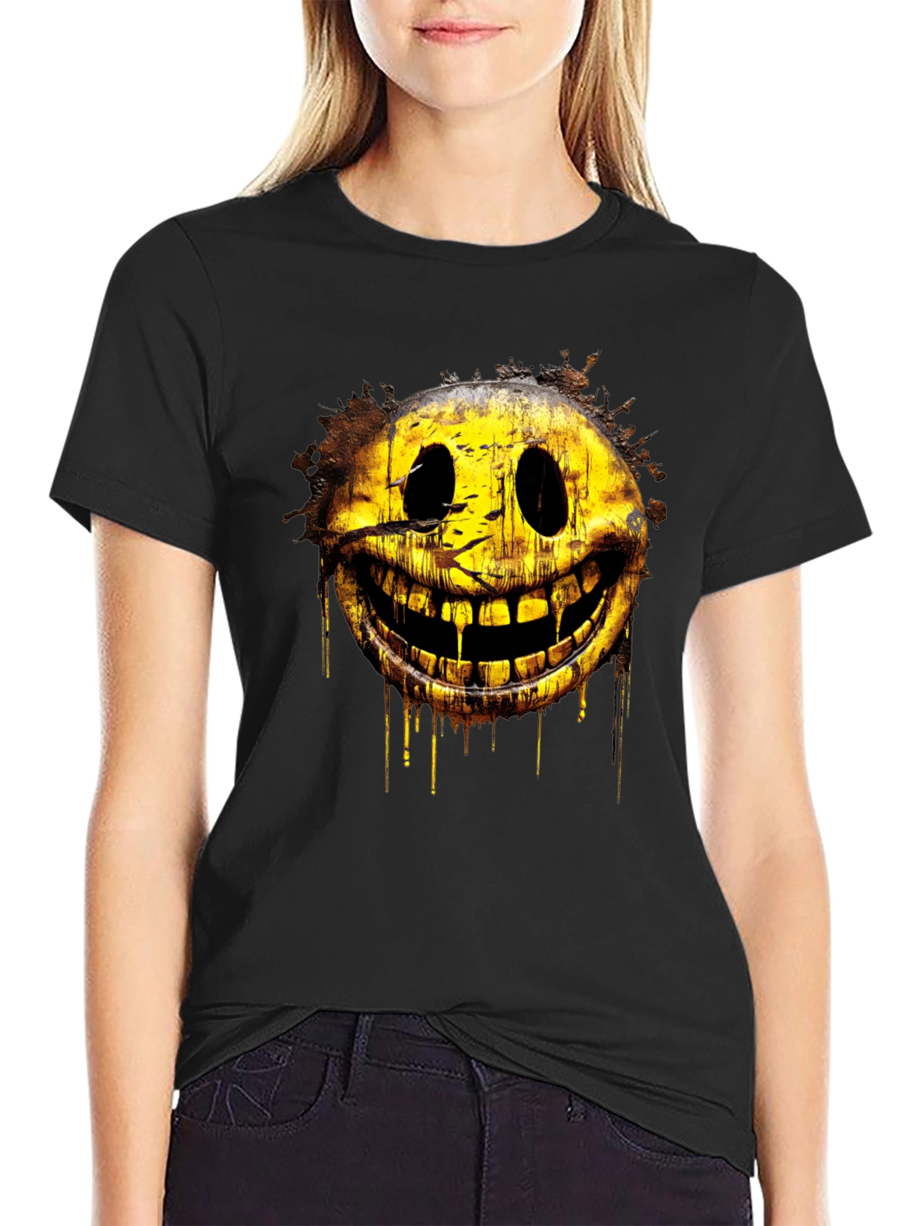 Creepy Smiley Face Graphic Tee - Black Cotton Shirt