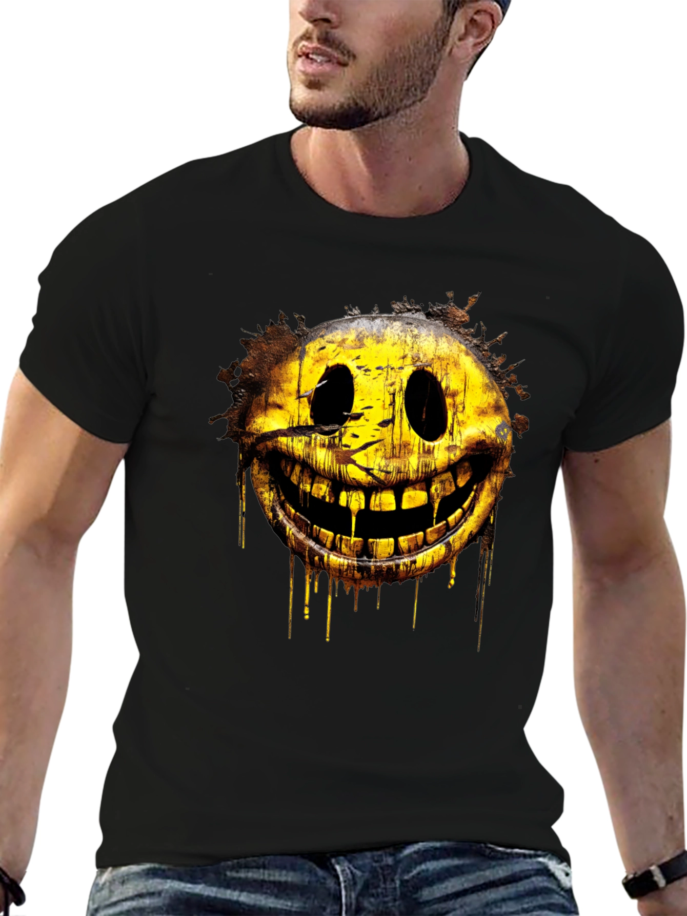 Creepy Smiley Face Graphic Tee - Black Cotton Shirt