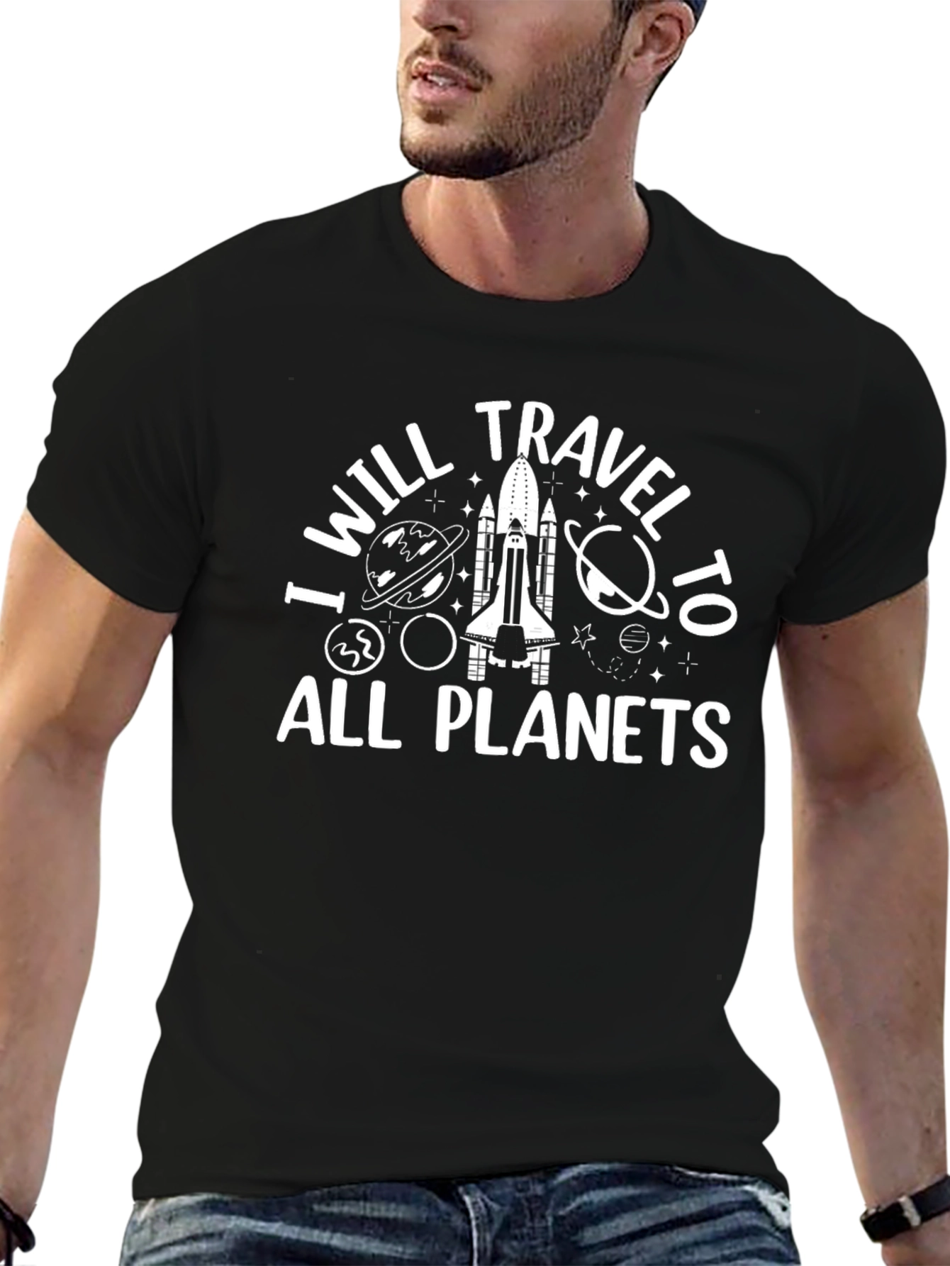I Will Travel to All Planets Black Graphic Tee