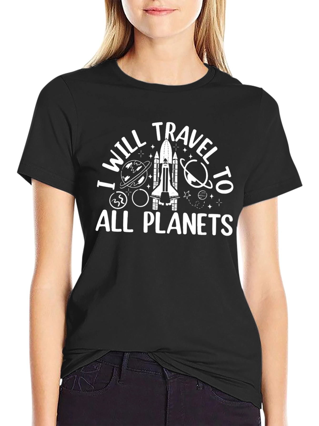 I Will Travel to All Planets Black Graphic Tee