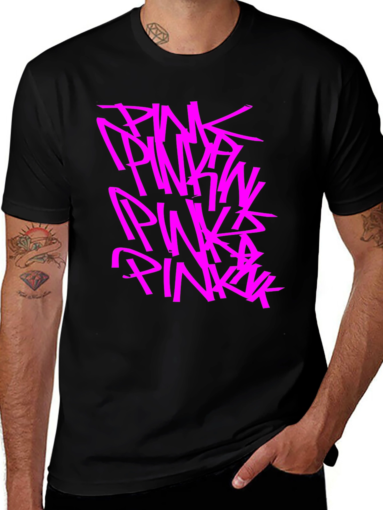 Pink Graphic Print Black T-Shirt