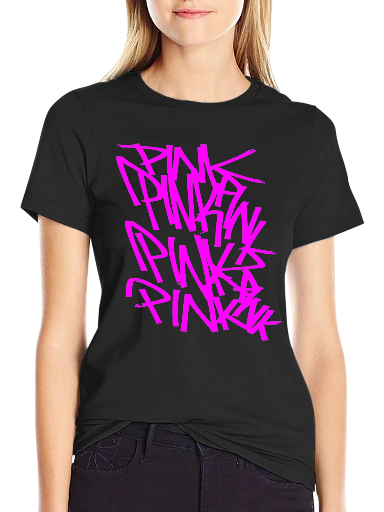 Pink Graphic Print Black T-Shirt