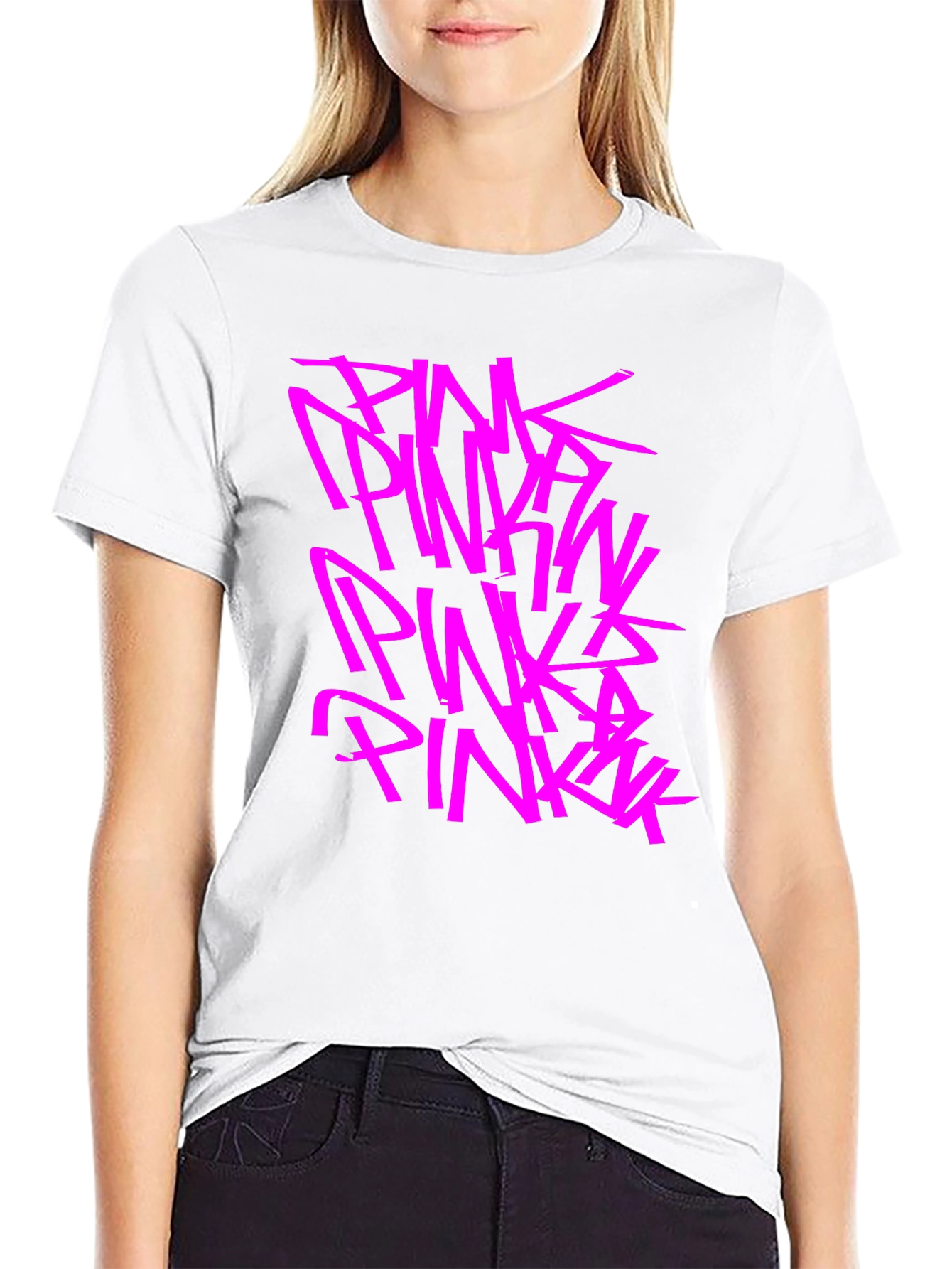 Pink Graphic Print Black T-Shirt