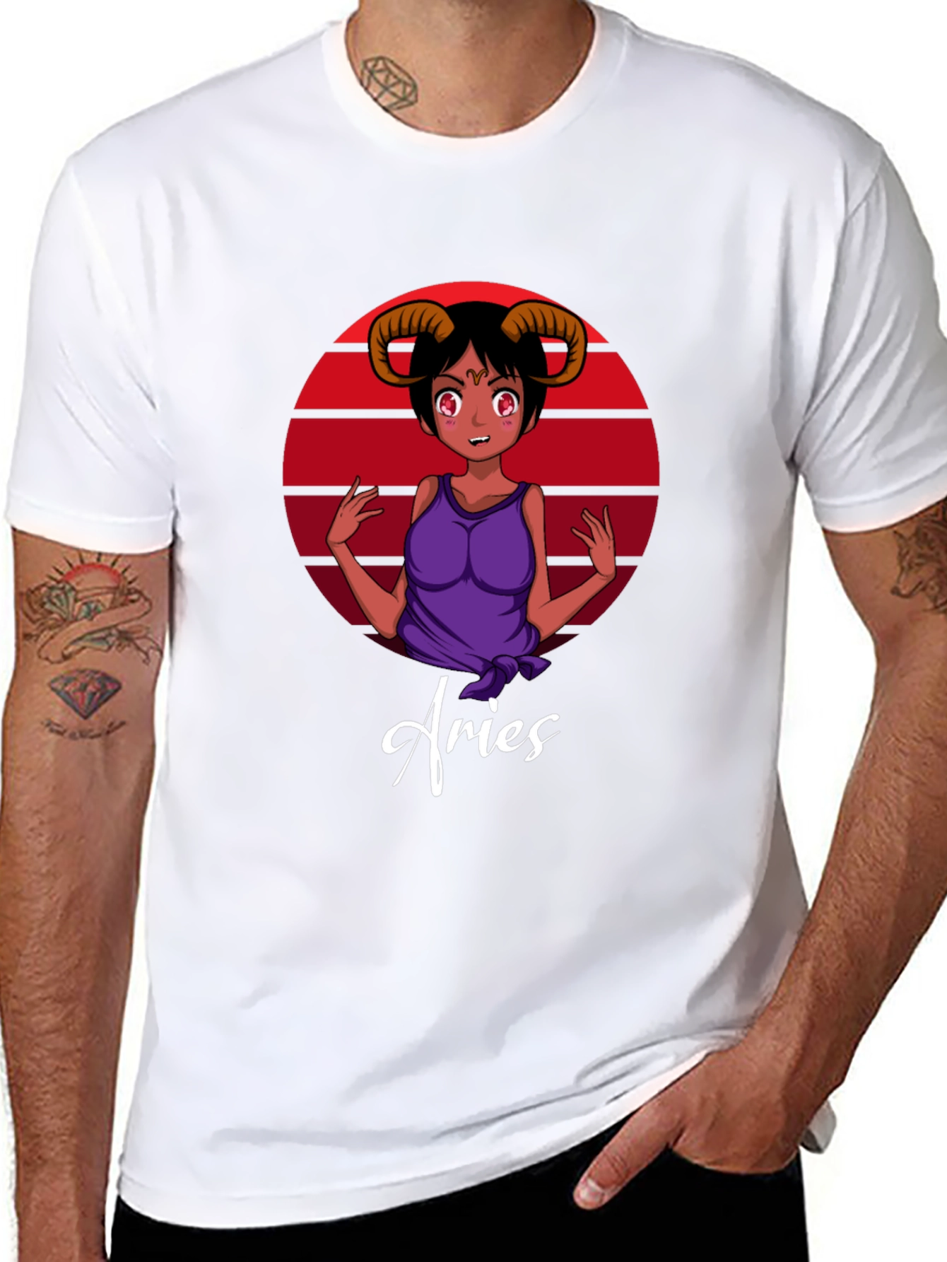 Aries Zodiac Anime Girl Black T-Shirt