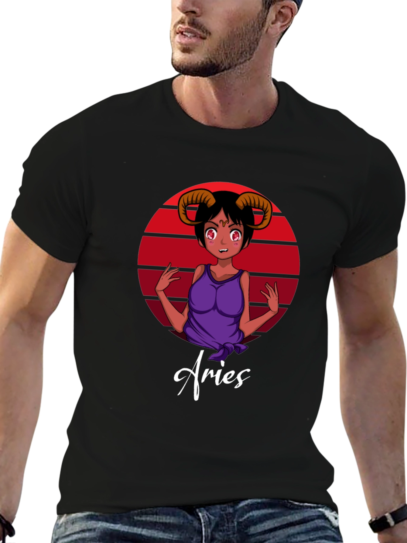 Aries Zodiac Anime Girl Black T-Shirt