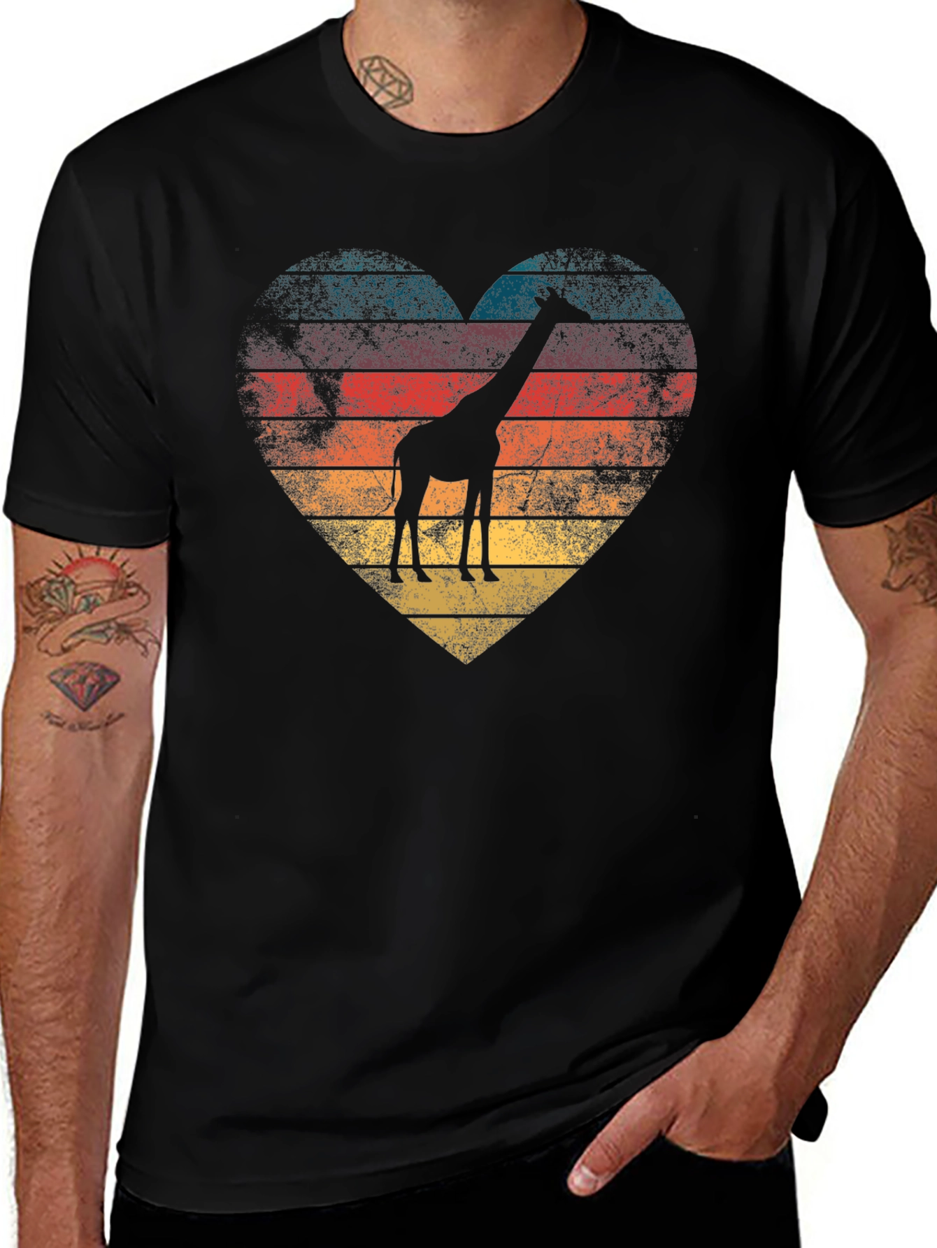 Retro Giraffe Heart Graphic Tee - Black T-Shirt