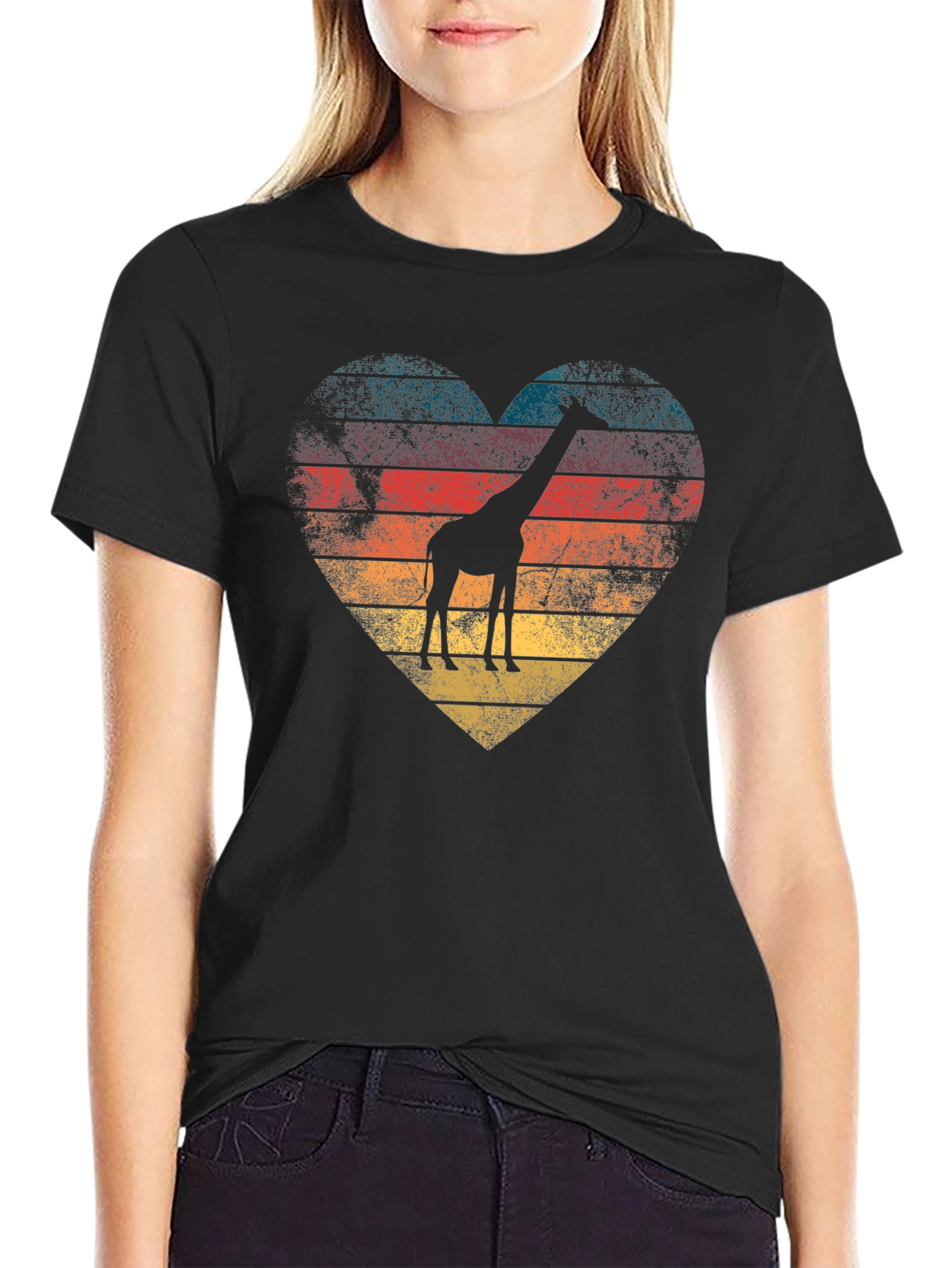 Retro Giraffe Heart Graphic Tee - Black T-Shirt