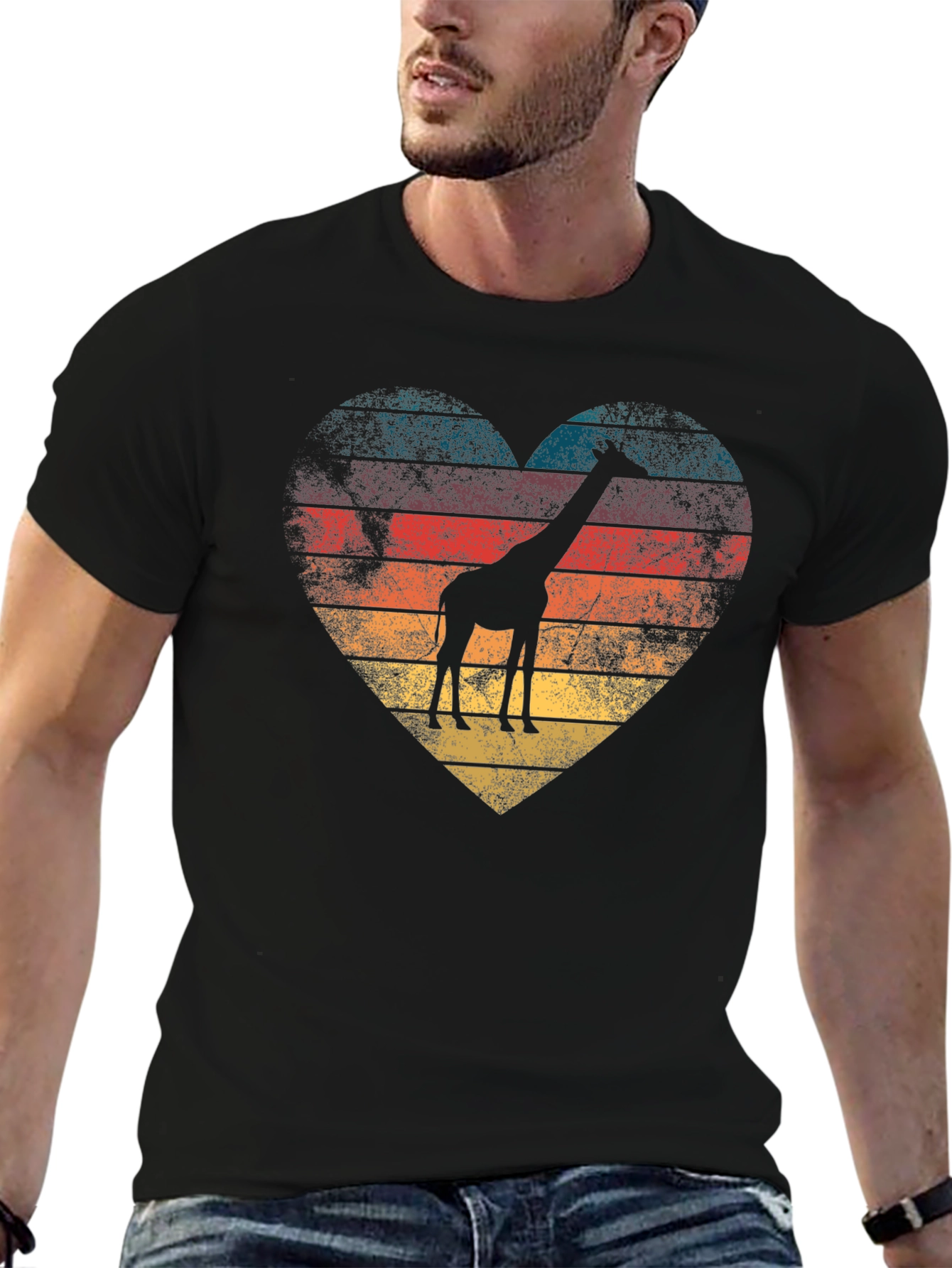 Retro Giraffe Heart Graphic Tee - Black T-Shirt