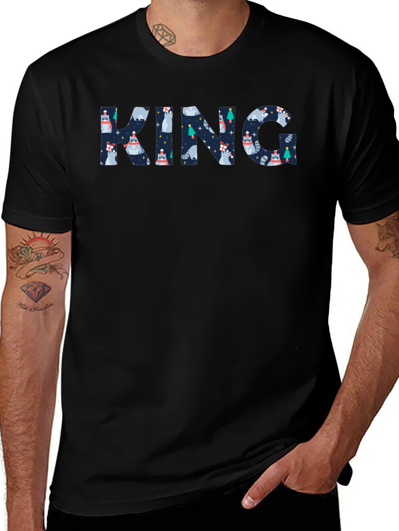 King Raccoon Patterned Black T-Shirt