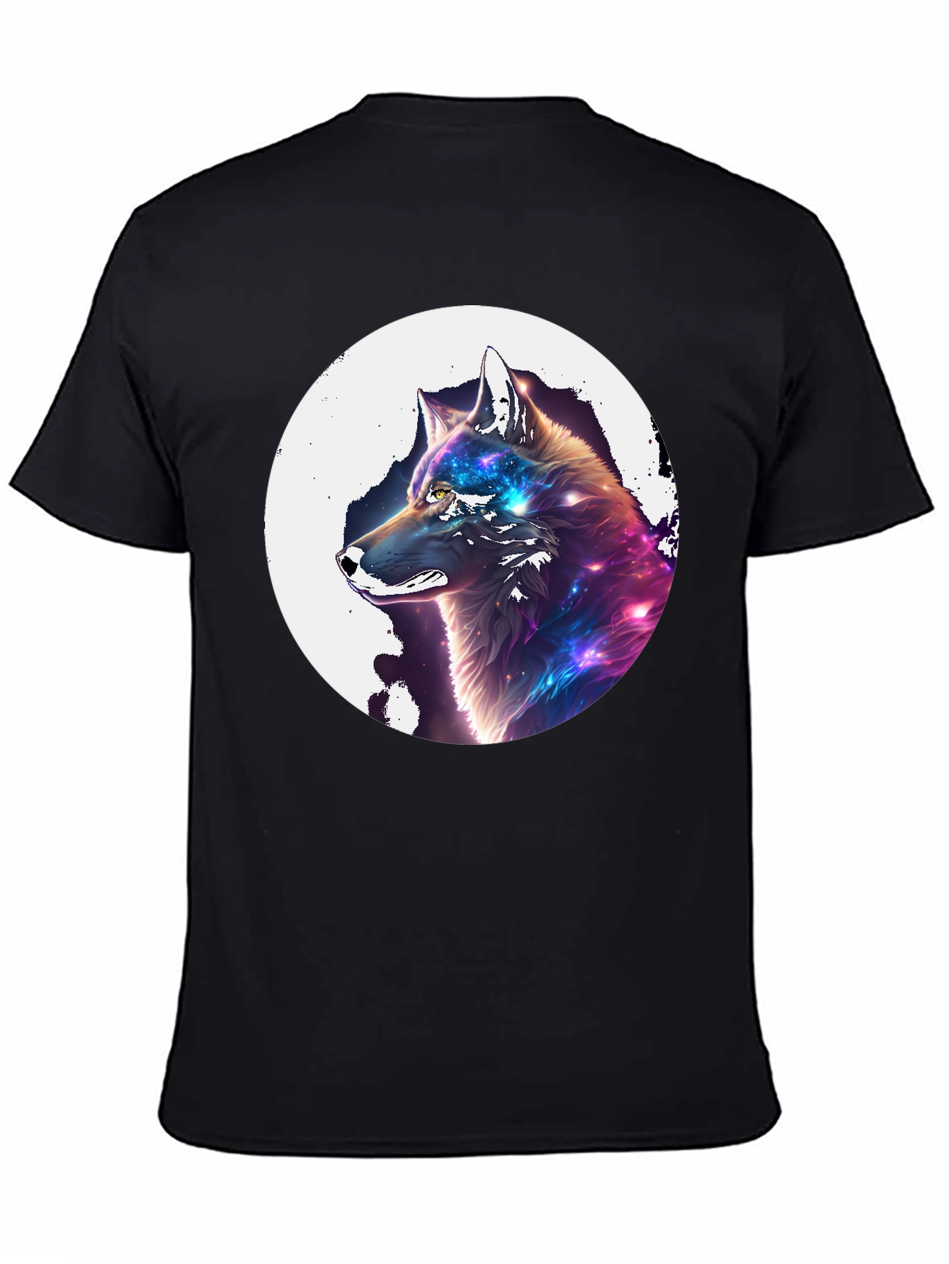Galaxy Wolf Graphic Print Black T-Shirt