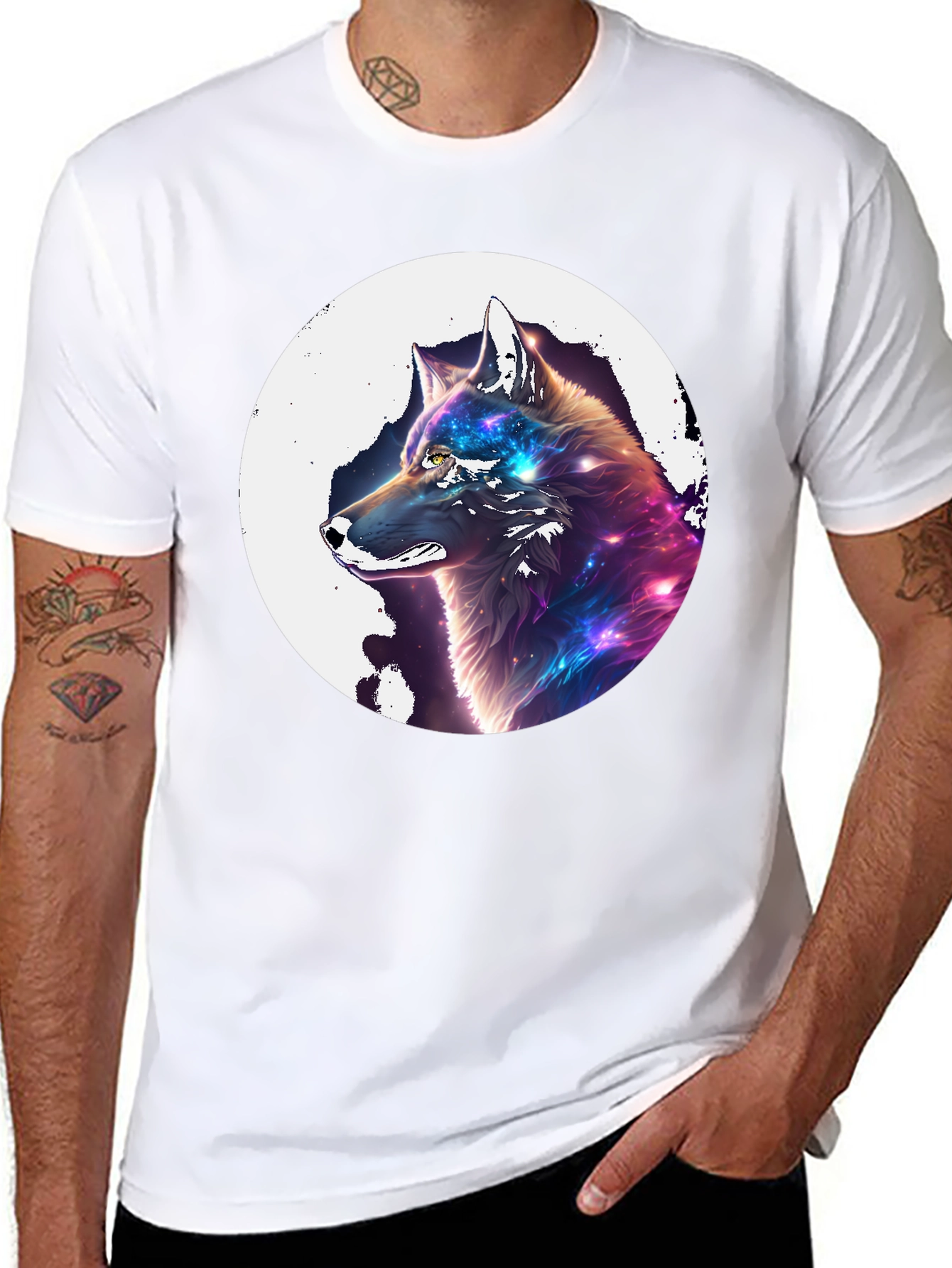 Galaxy Wolf Graphic Print Black T-Shirt