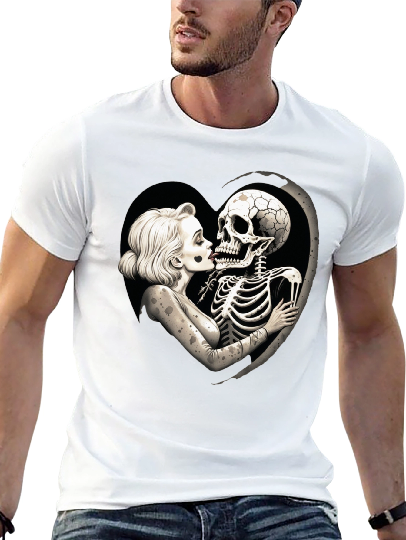 Romantic Skeleton Kiss T-Shirt - Black