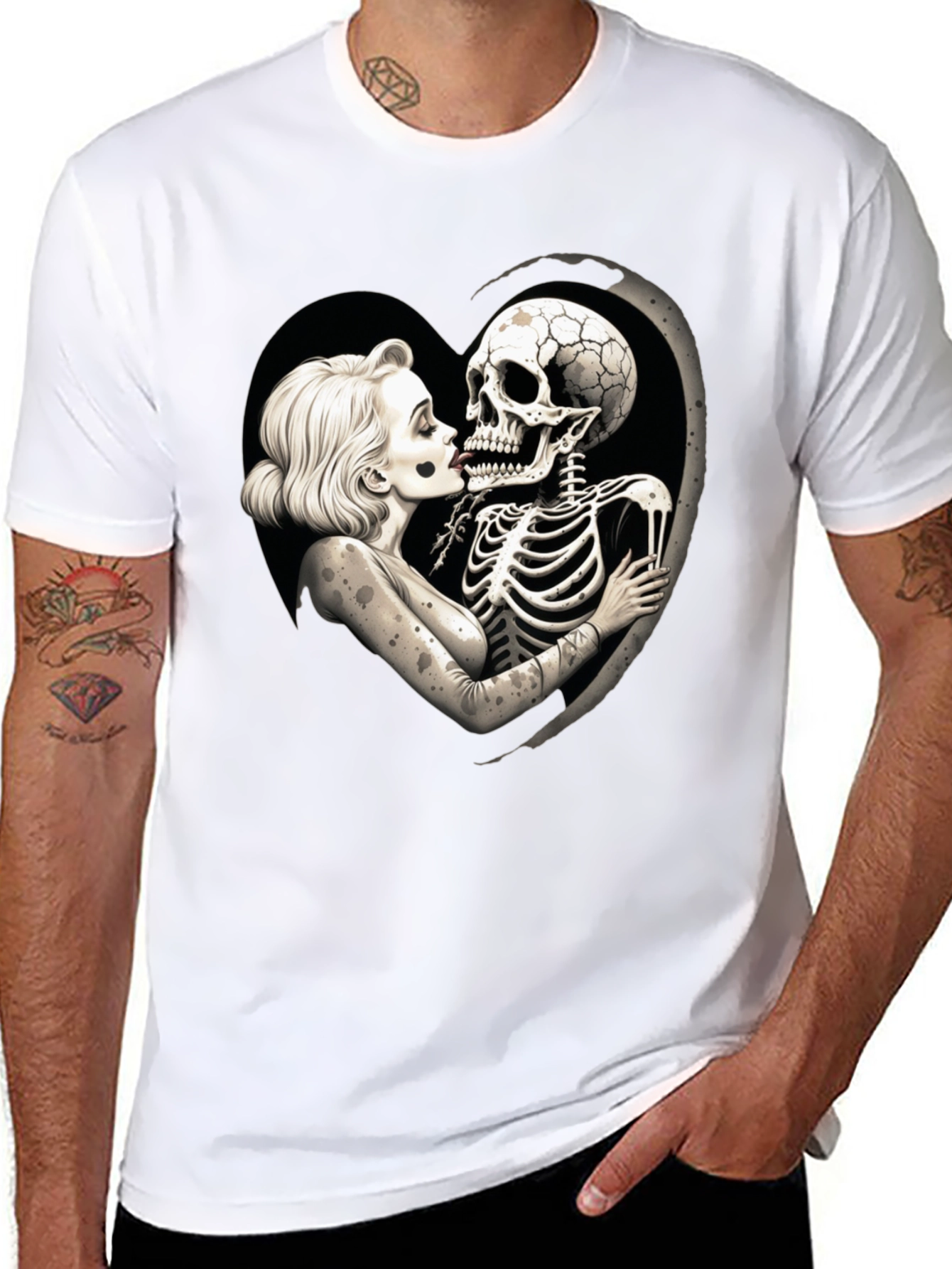 Romantic Skeleton Kiss T-Shirt - Black
