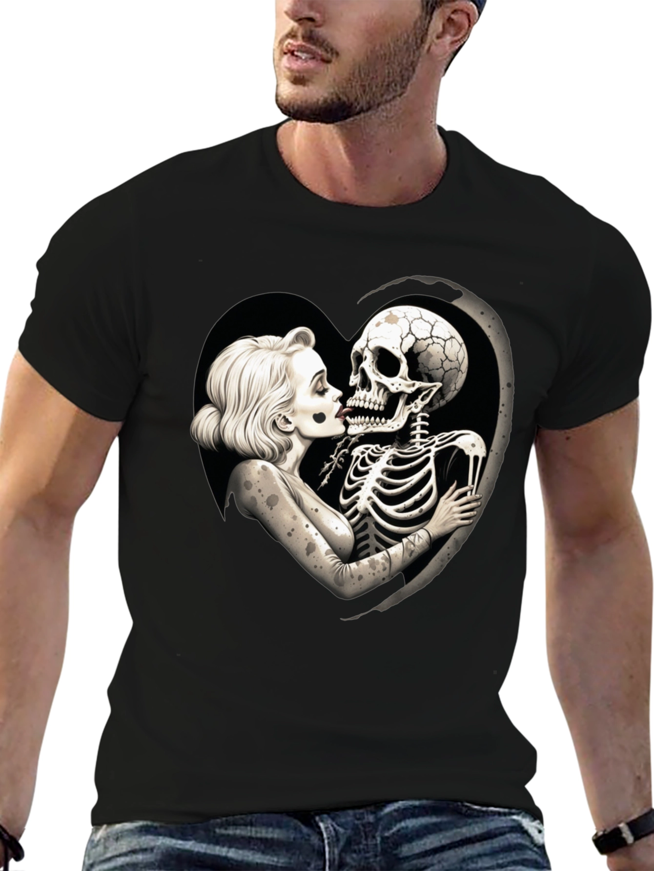 Romantic Skeleton Kiss T-Shirt - Black