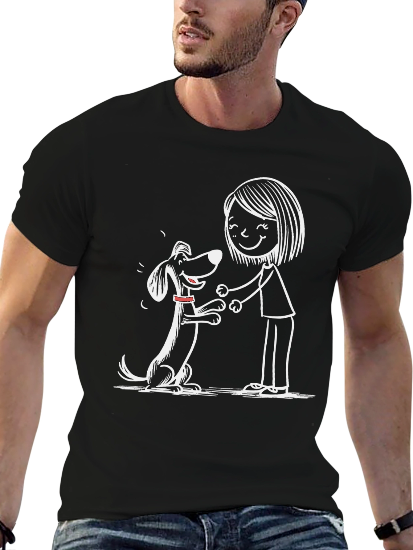 Cute Dog & Owner Graphic Black T-Shirt