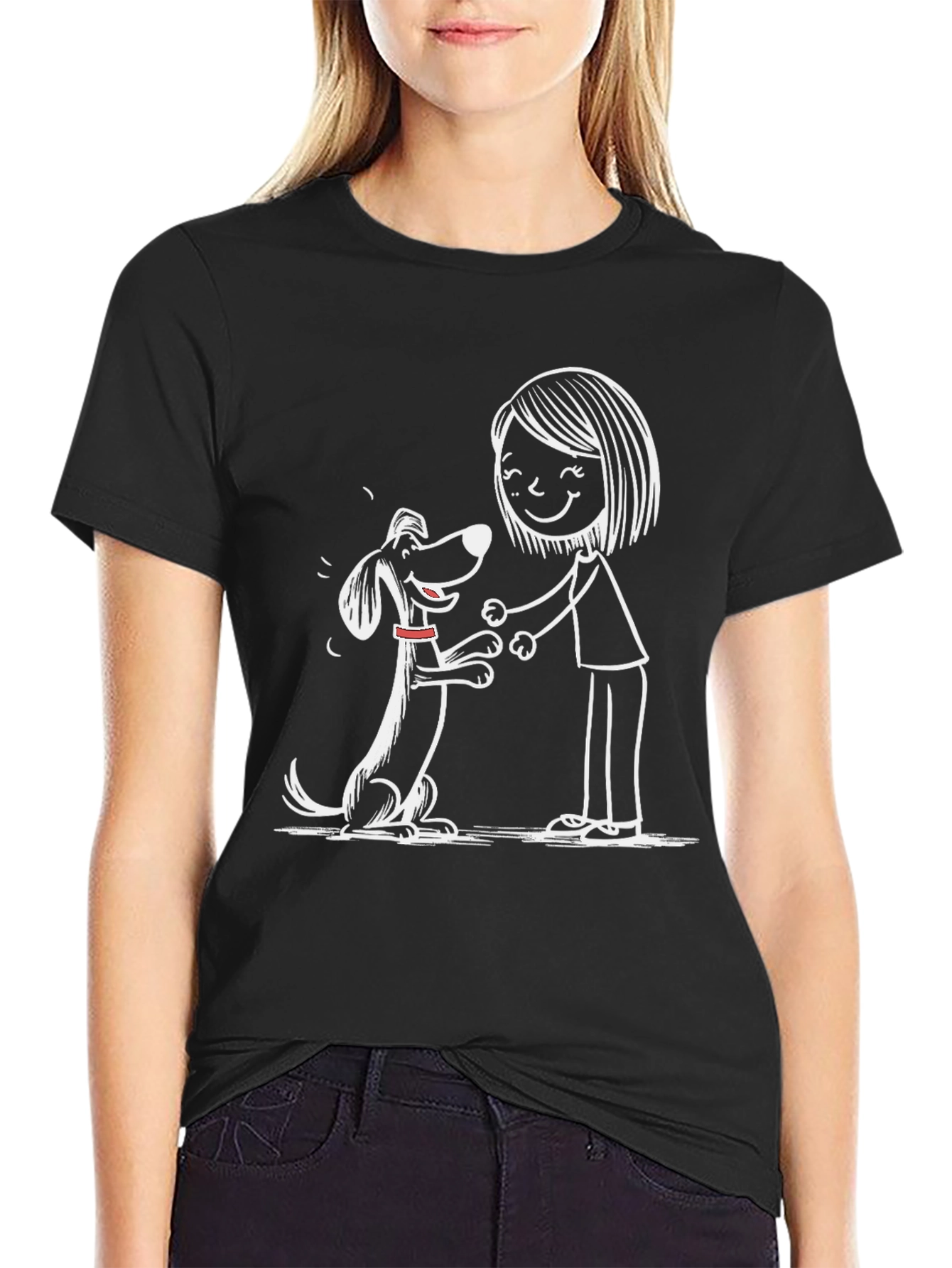 Cute Dog & Owner Graphic Black T-Shirt