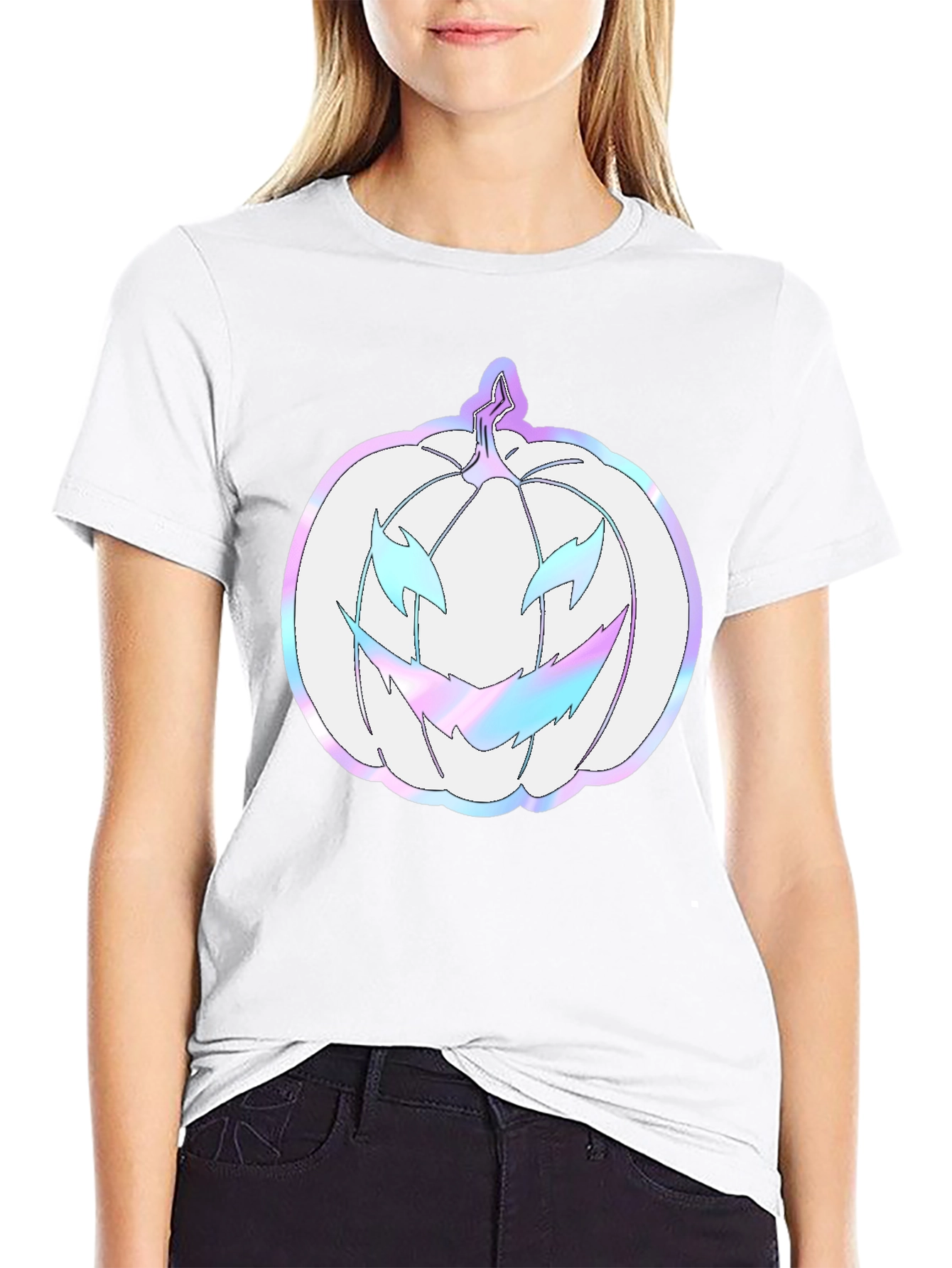 Spooky Season Tee: Holographic Pumpkin Graphic Shirt