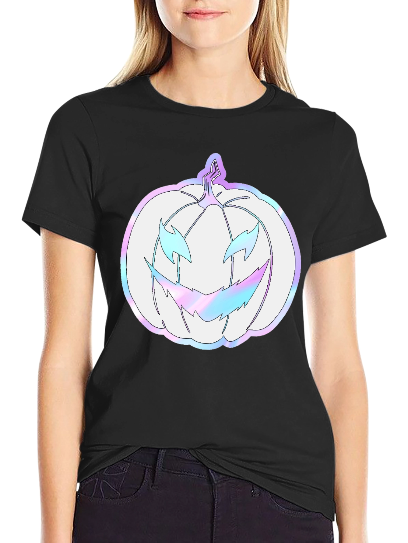Spooky Season Tee: Holographic Pumpkin Graphic Shirt